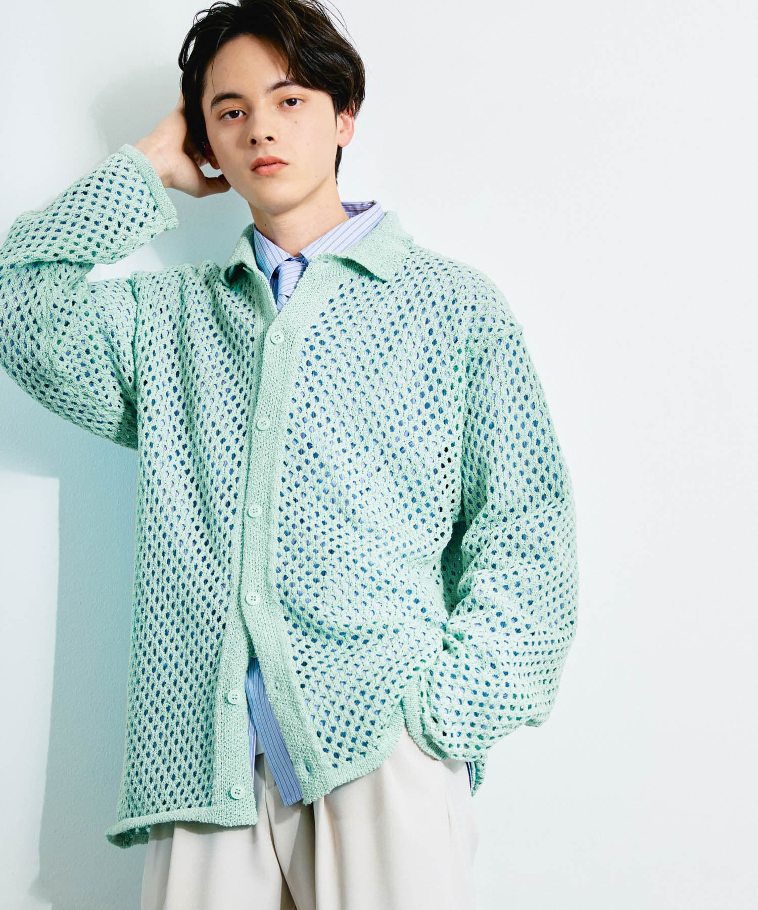 『ユニセックス』メッシュ衿付きカーディガン