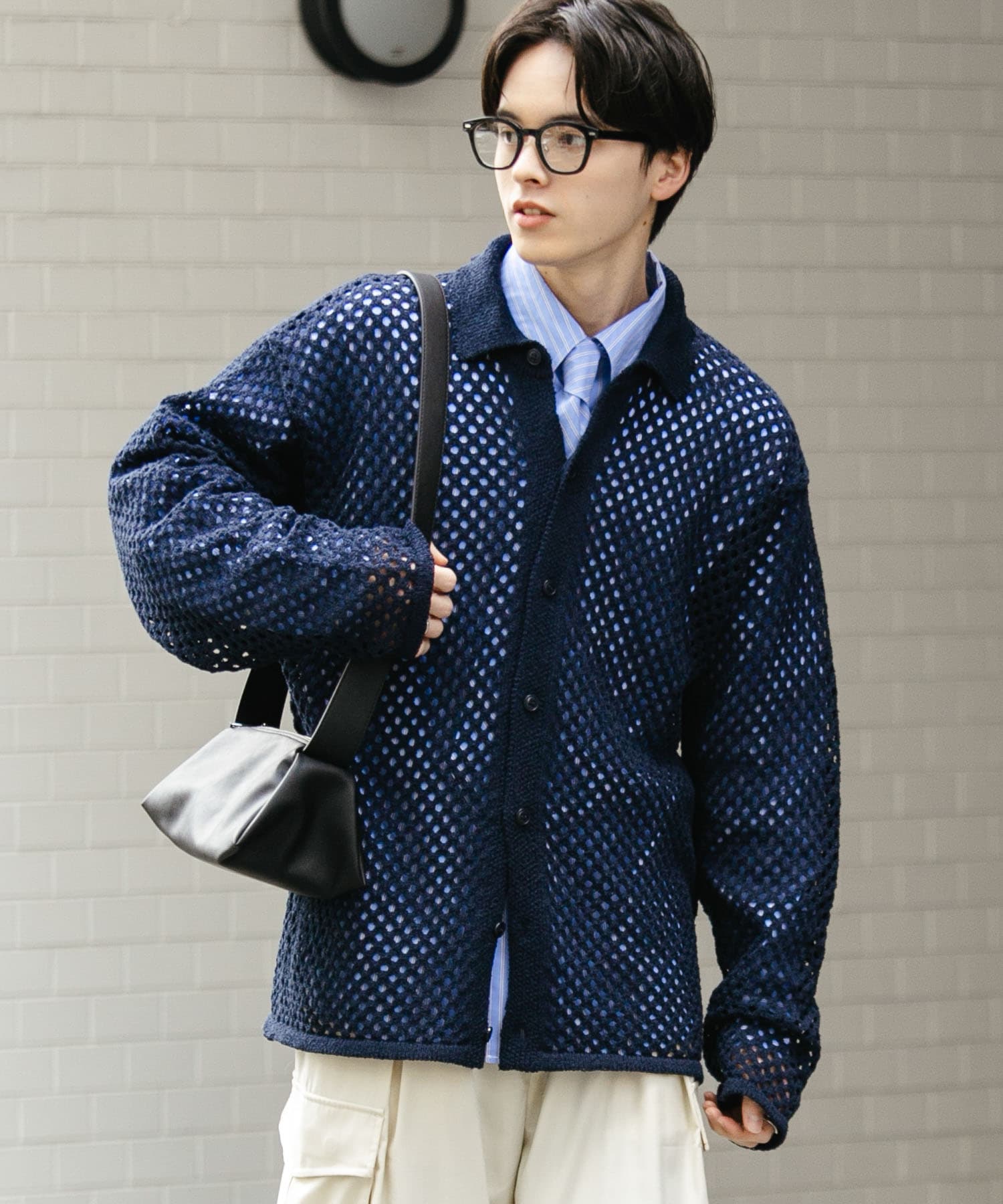 『ユニセックス』メッシュ衿付きカーディガン