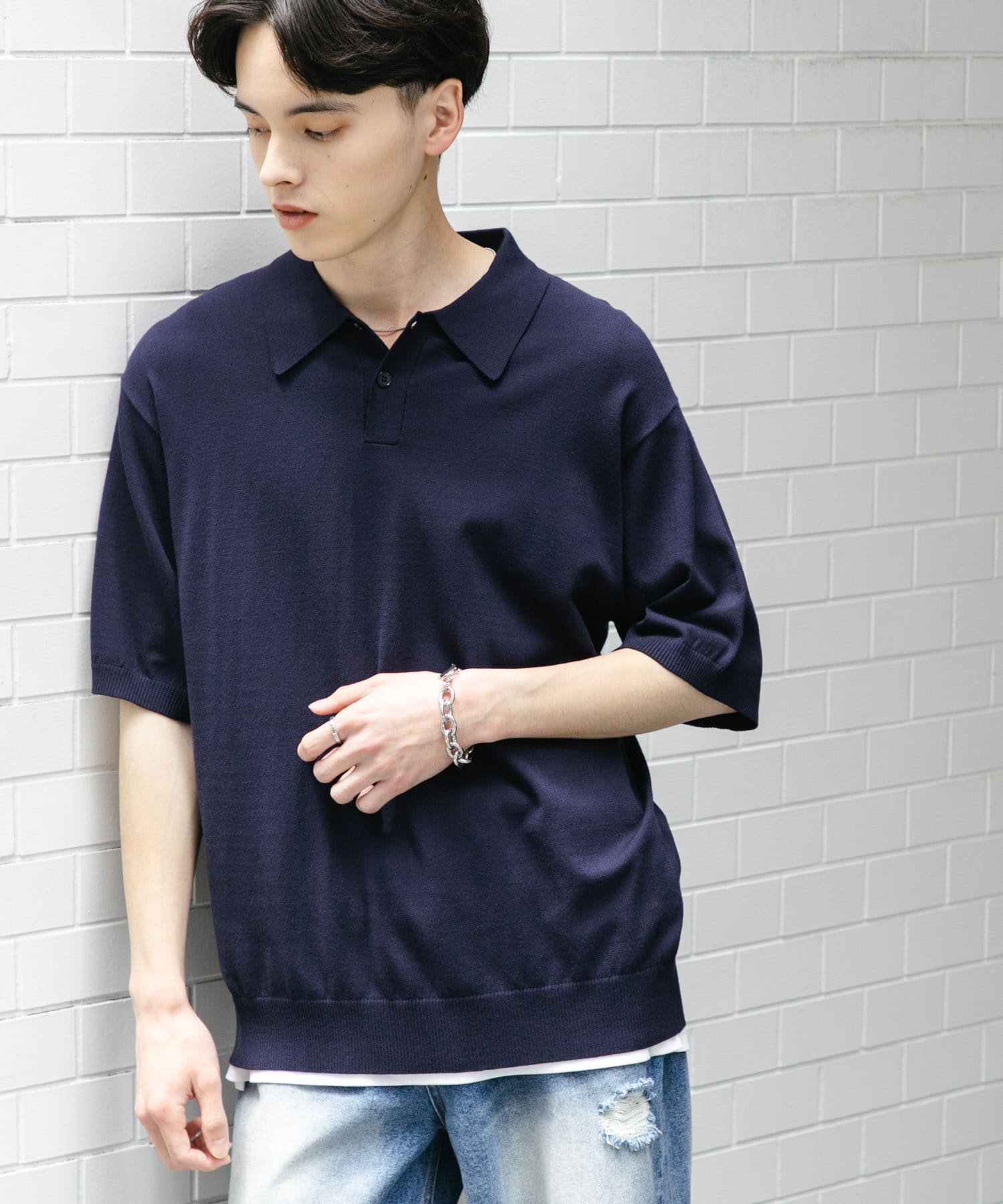 『洗濯可』ストレッチニットポロショートスリーブTシャツ