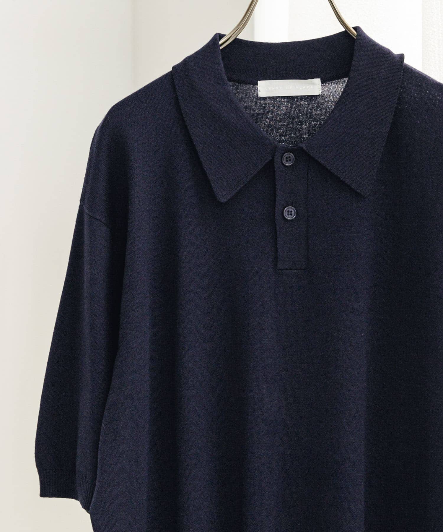 『洗濯可』ストレッチニットポロショートスリーブTシャツ NAVY M