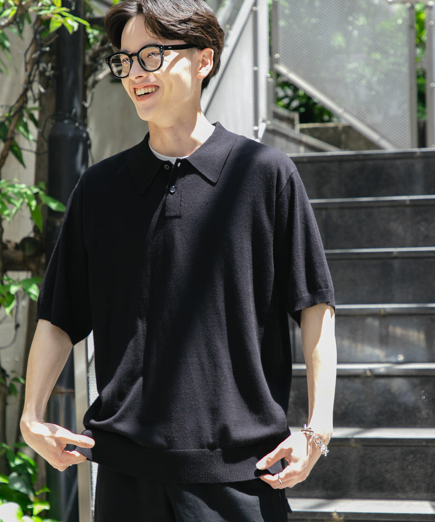 『洗濯可』ストレッチニットポロショートスリーブTシャツ