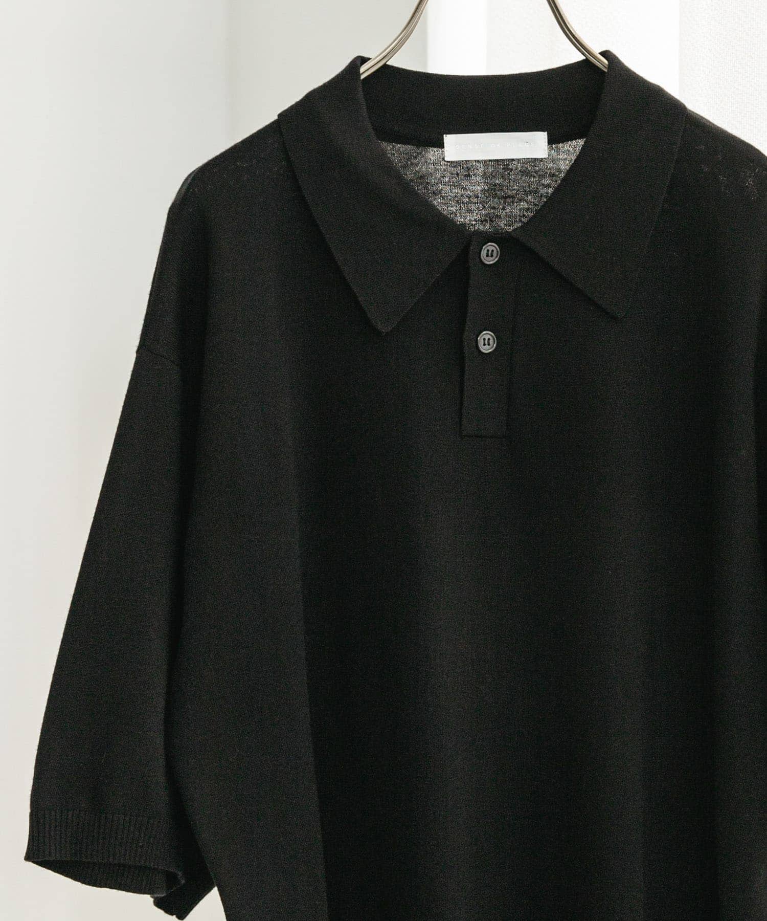 『洗濯可』ストレッチニットポロショートスリーブTシャツ BLACK L