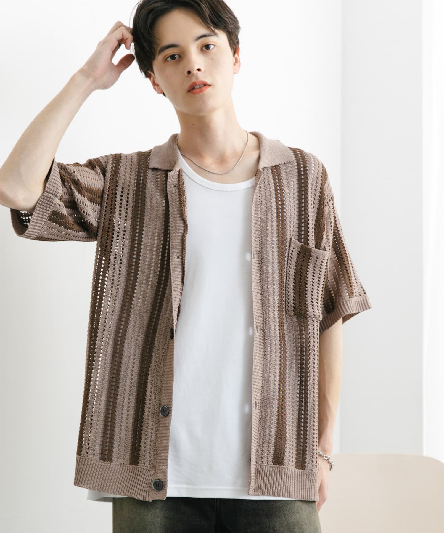 ストライプショートスリーブニットシャツ