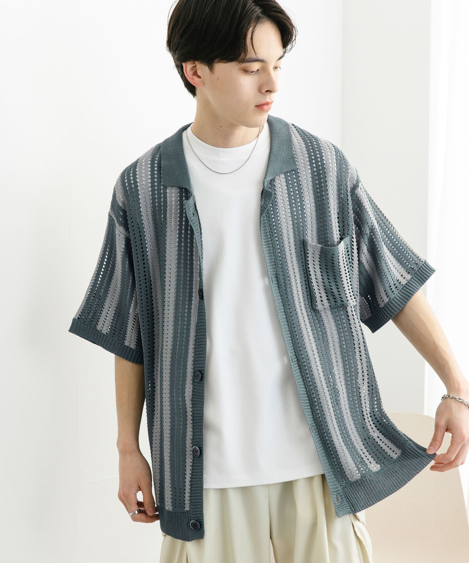 ストライプショートスリーブニットシャツ