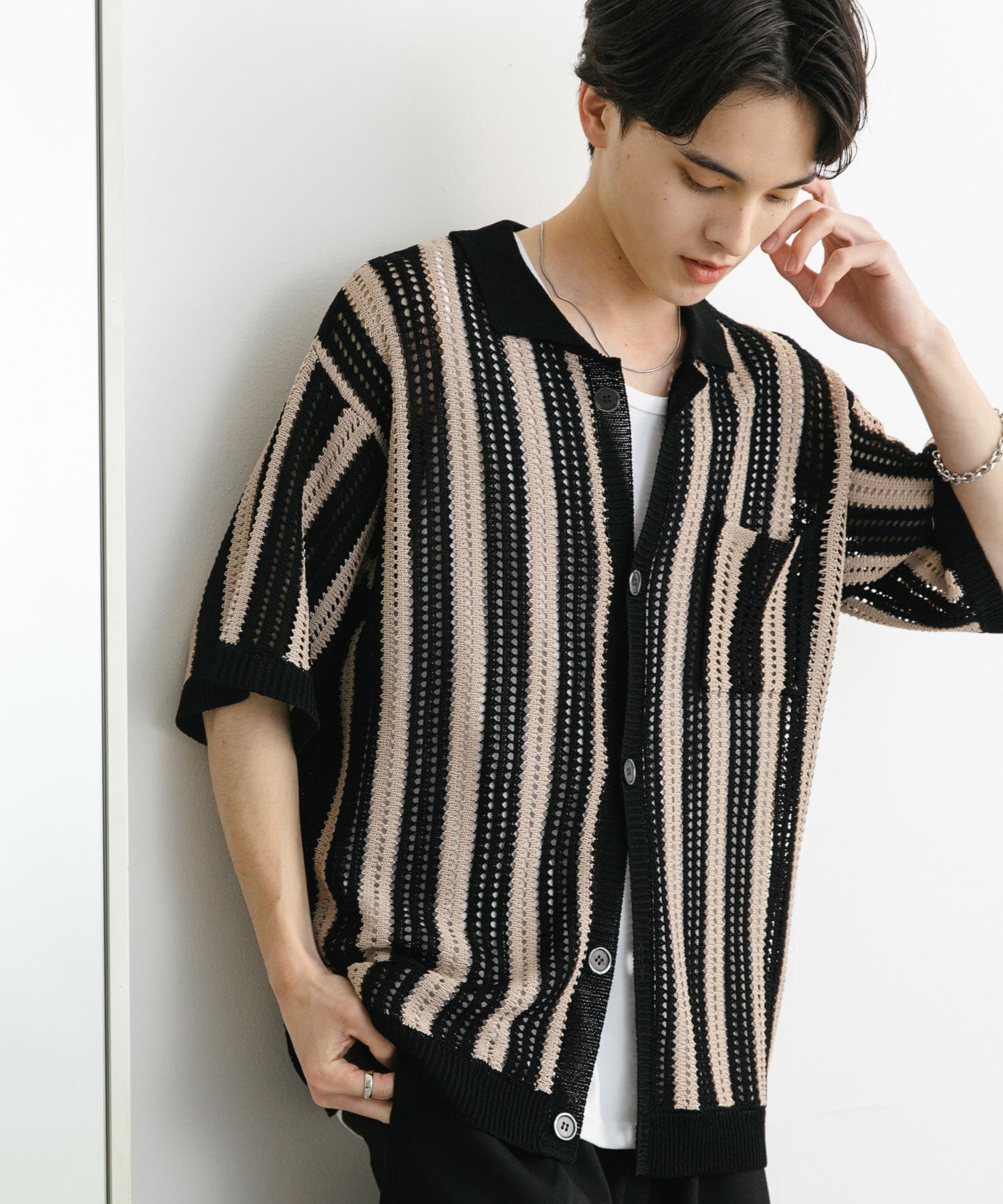 ストライプショートスリーブニットシャツ