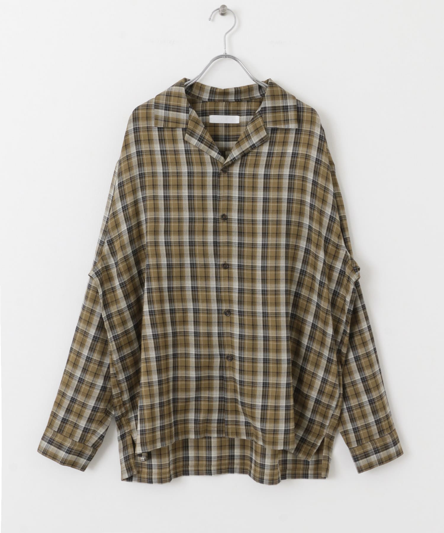 『ユニセックス』シアーチェックオープンカラーロングスリーブシャツ BEIGE M