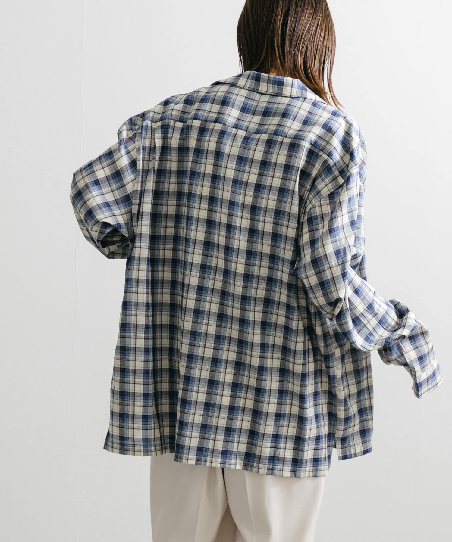 ユニセックス』シアーチェックオープンカラーロングスリーブシャツ(M