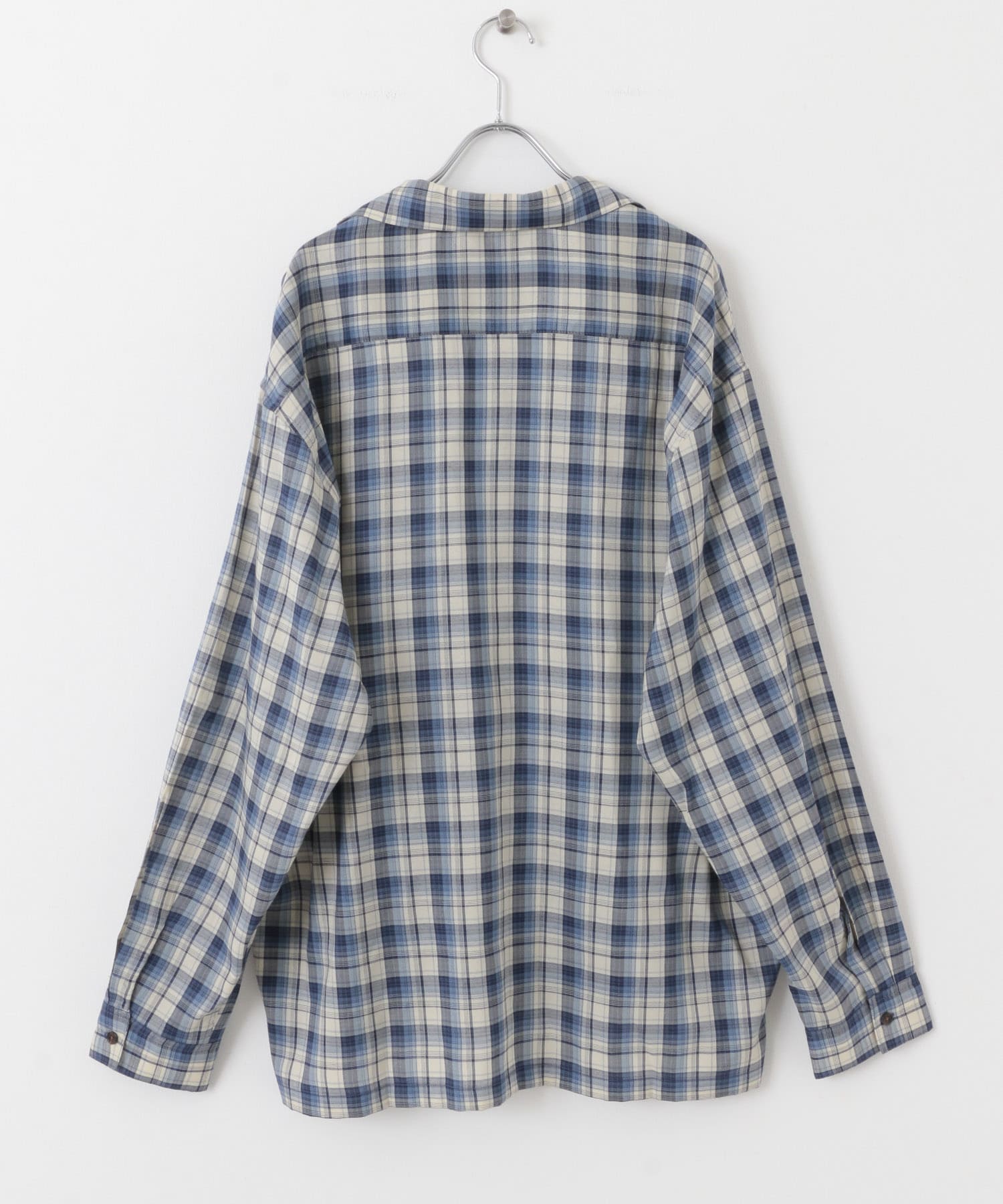 『ユニセックス』シアーチェックオープンカラーロングスリーブシャツ BLUE M