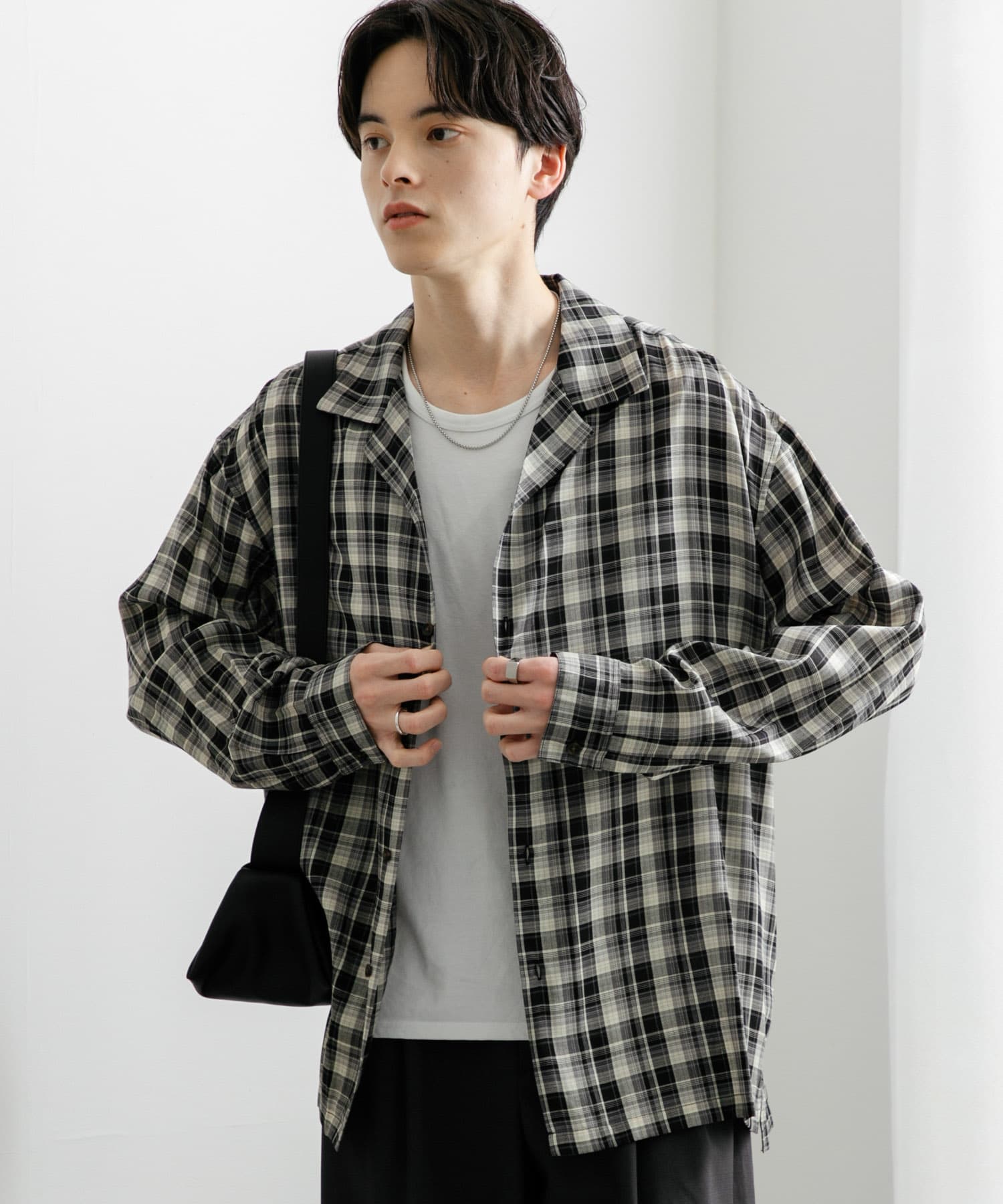 ユニセックス』シアーチェックオープンカラーロングスリーブシャツ(M