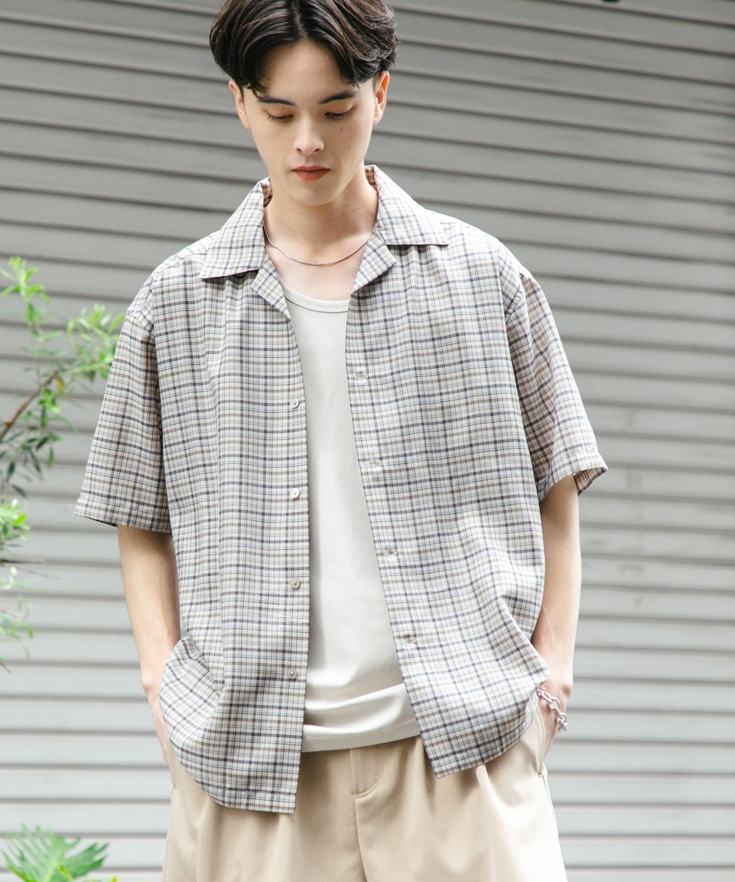 チェックオープンカラーショートスリーブシャツ(M L.GRAY): トップス
