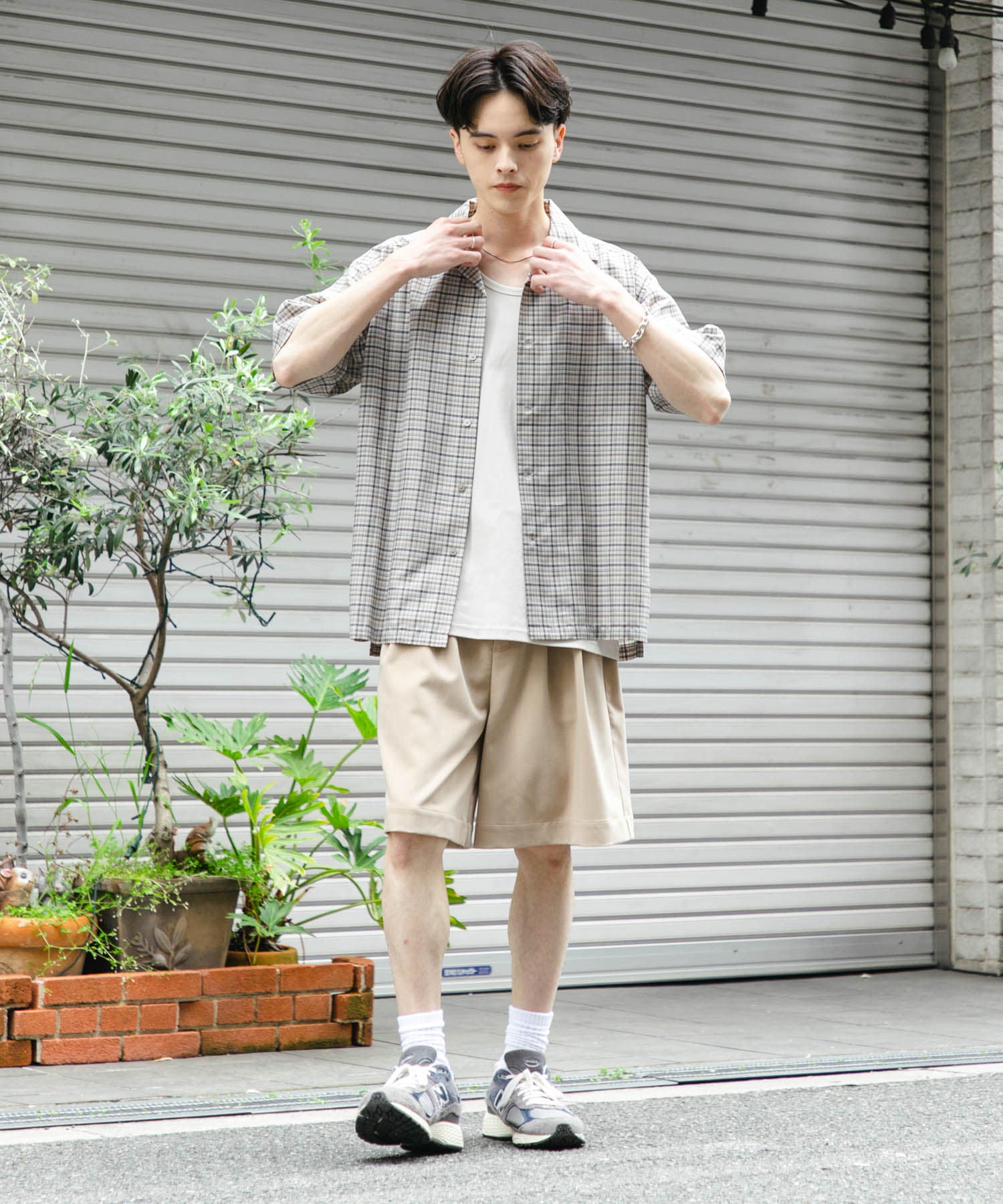 チェックオープンカラーショートスリーブシャツ(M L.GRAY): トップス