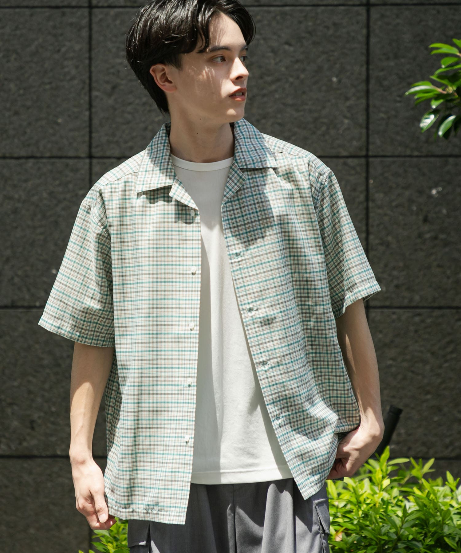 STONE  ショートスリーブオーバーサイズシャツ　M チェックオープンカラーショートスリーブシャツ(M L.GRAY): トップス