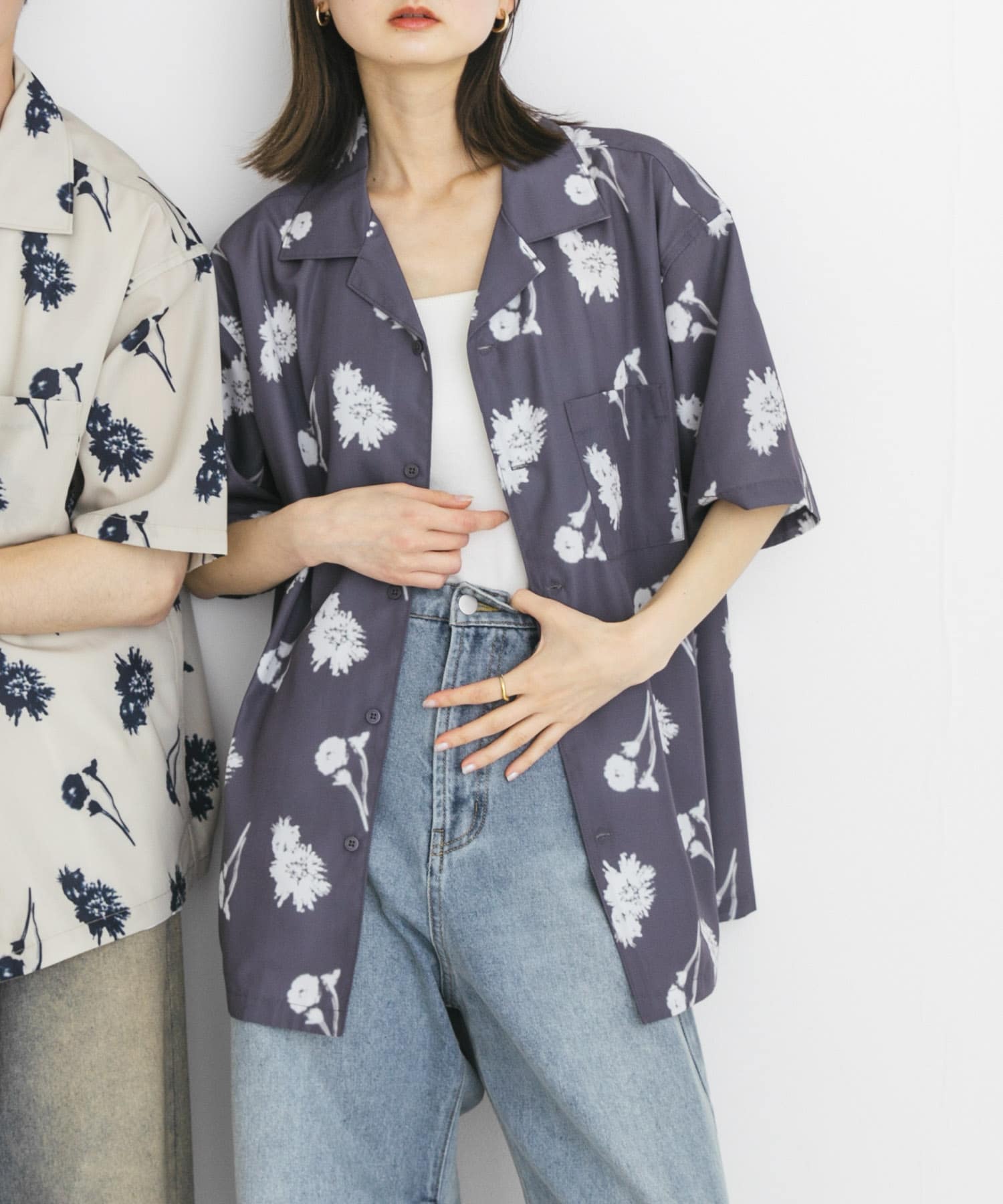 『ユニセックス』ボタニカルオープンカラーショートスリーブシャツ