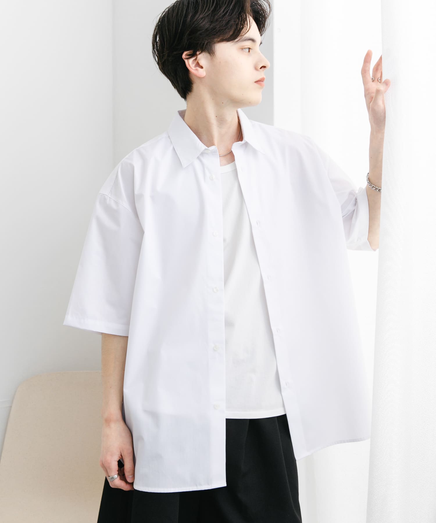 『ユニセックス』リラックスフィットレギュラーカラーショートスリーブシャツ WHITE M