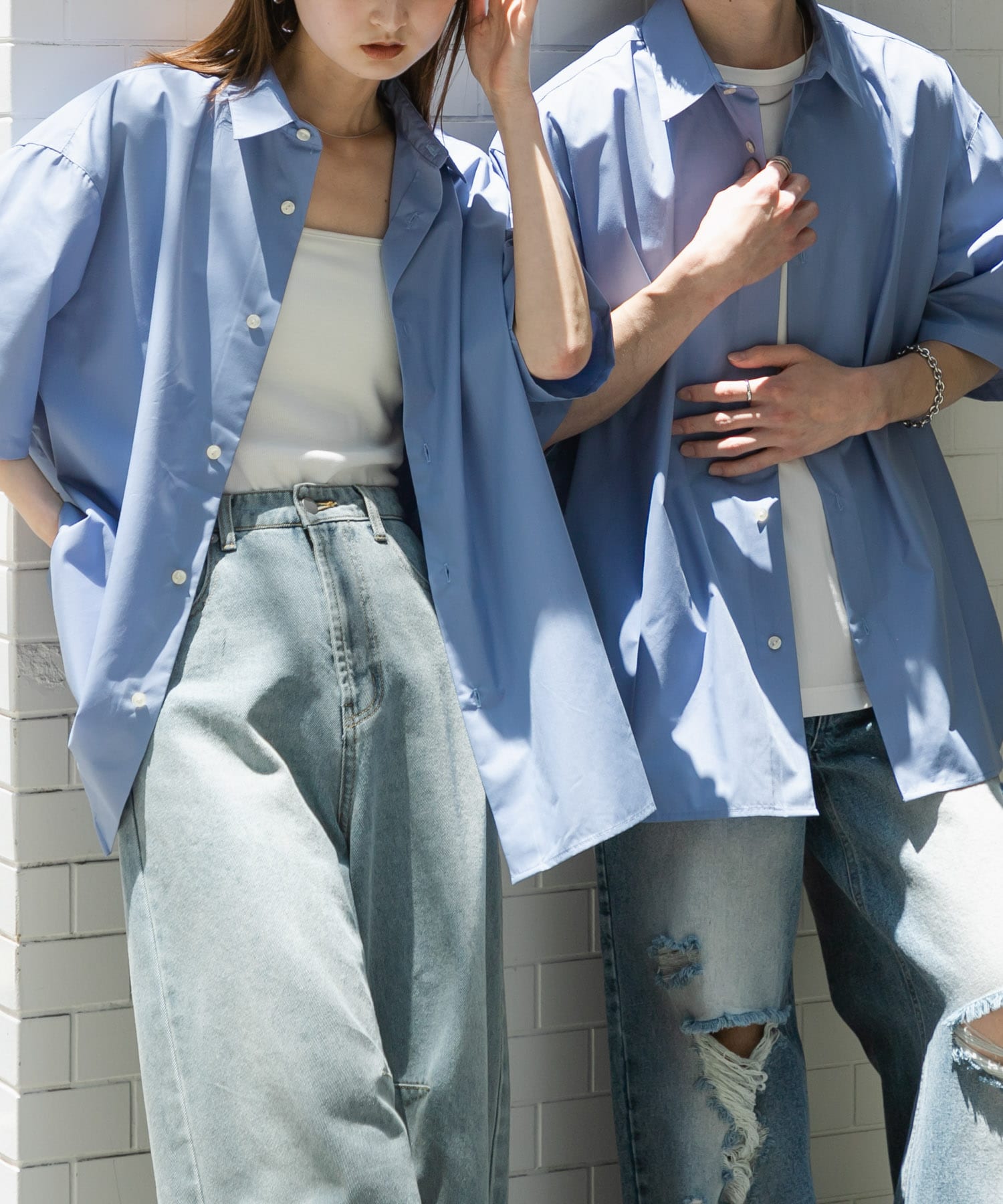 『ユニセックス』リラックスフィットレギュラーカラーショートスリーブシャツ BLUE M