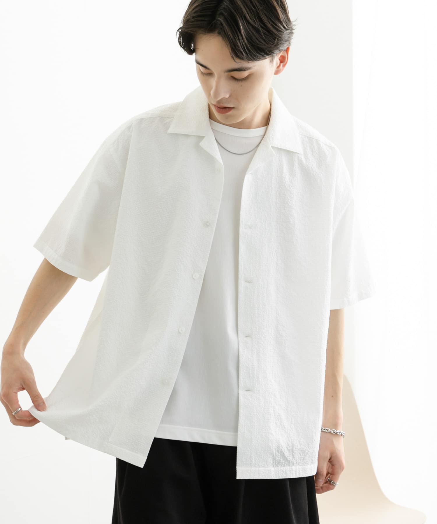 シアサッカーオープンカラーショートスリーブシャツ