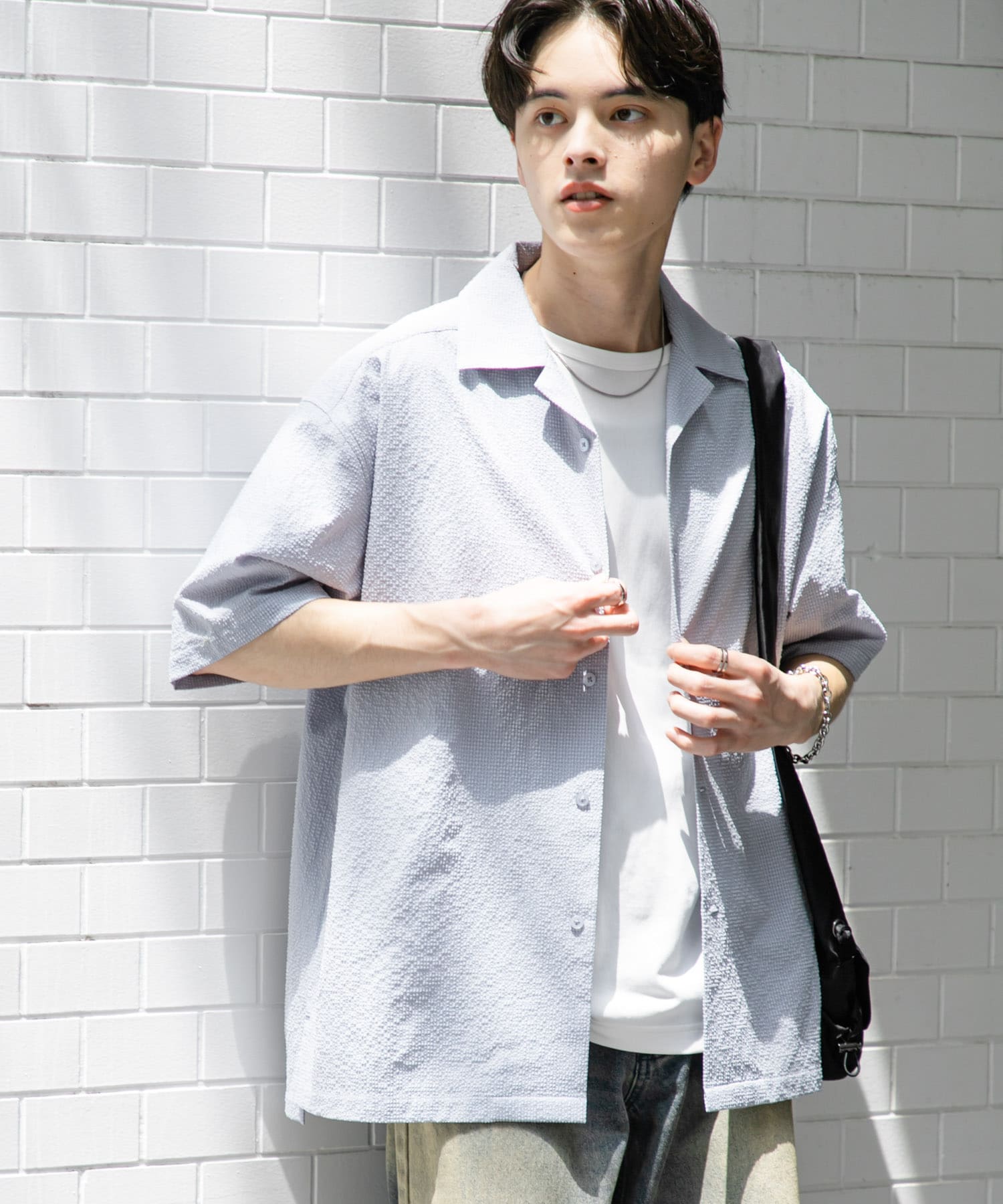 シアサッカーオープンカラーショートスリーブシャツ