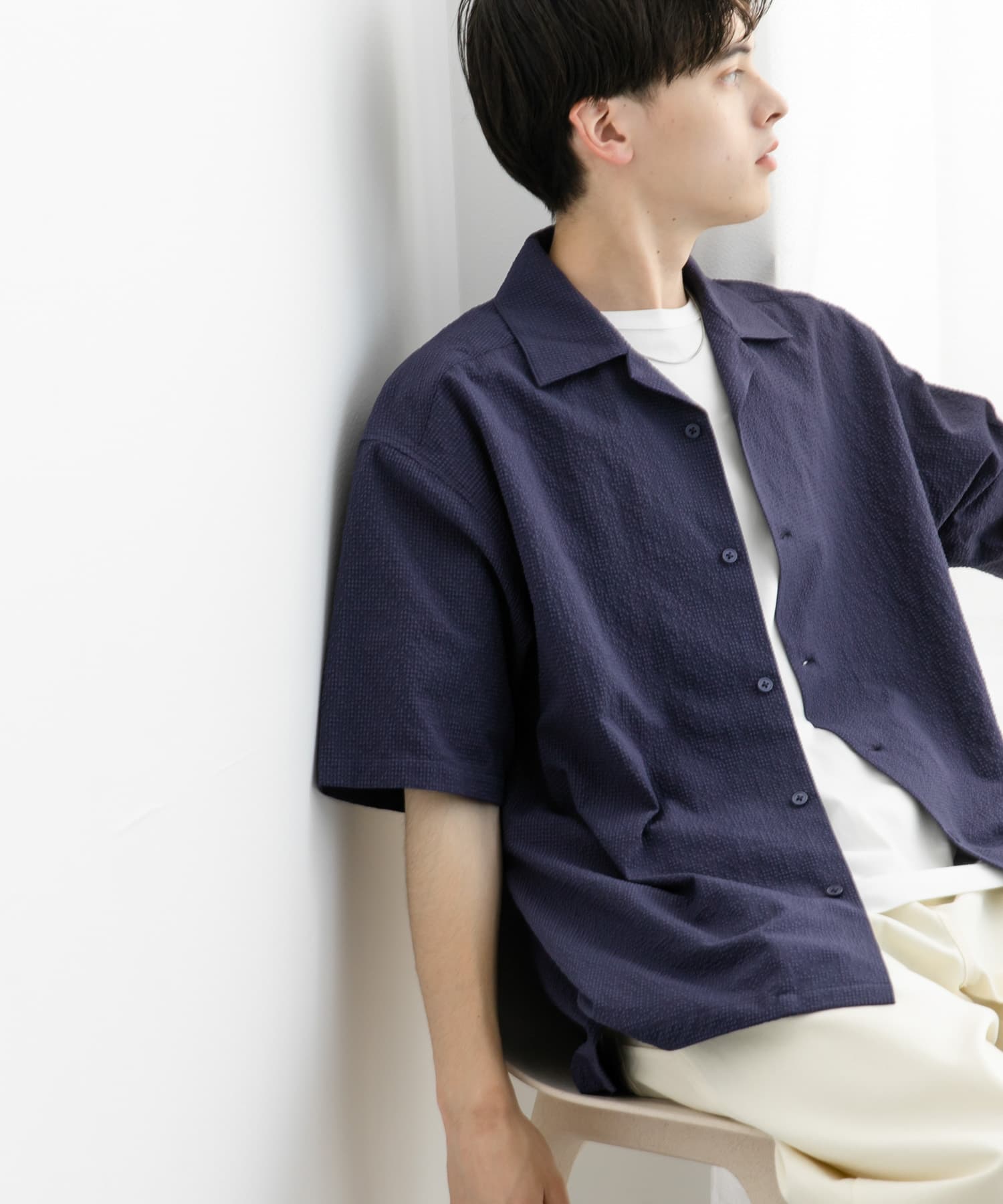 シアサッカーオープンカラーショートスリーブシャツ