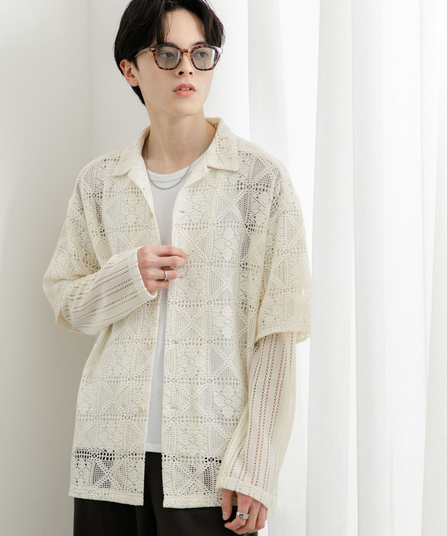 レースフェイクレイヤードロングスリーブシャツ(M IVORY): トップス