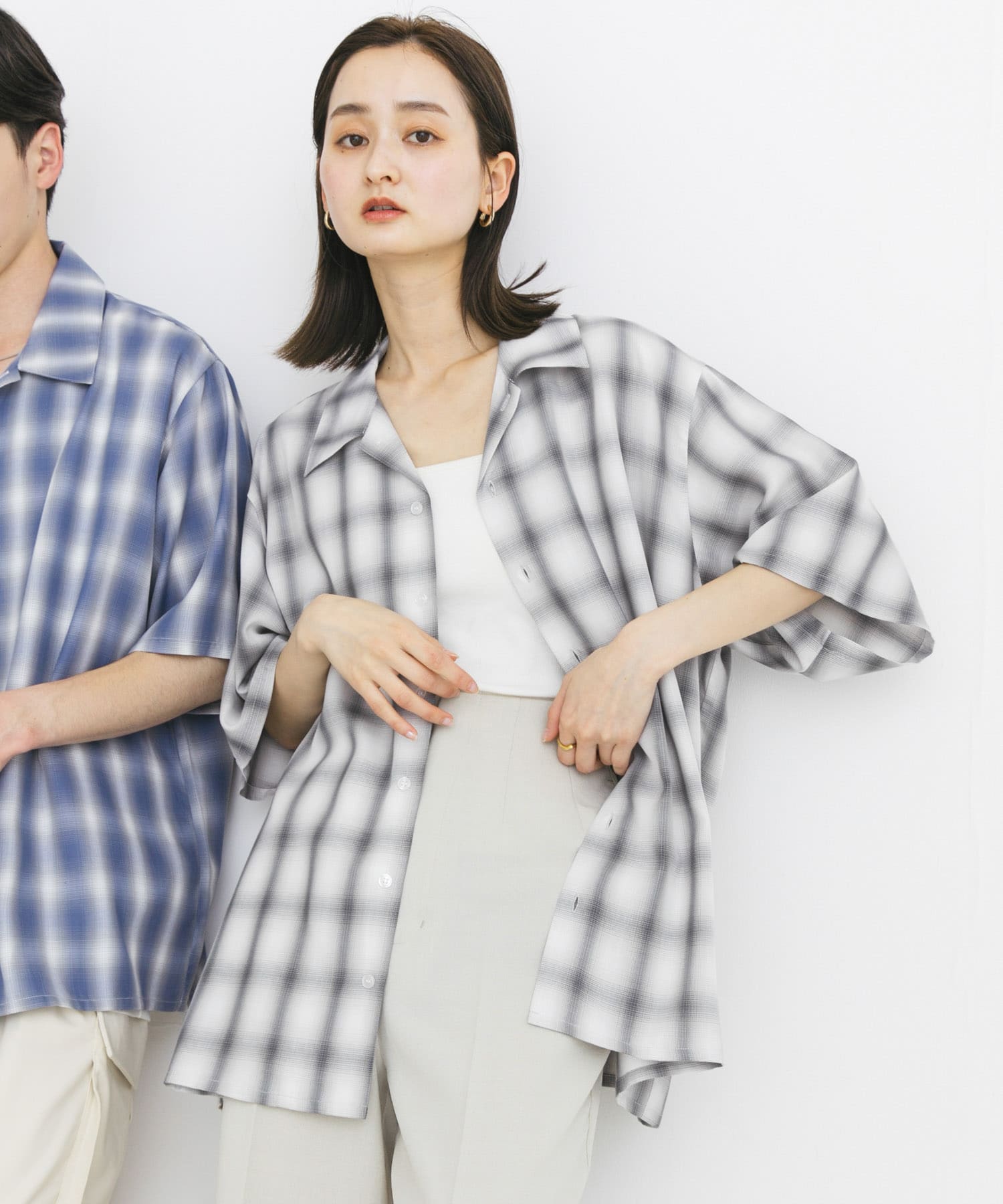 『ユニセックス』オンブレーチェックショートスリーブシャツ