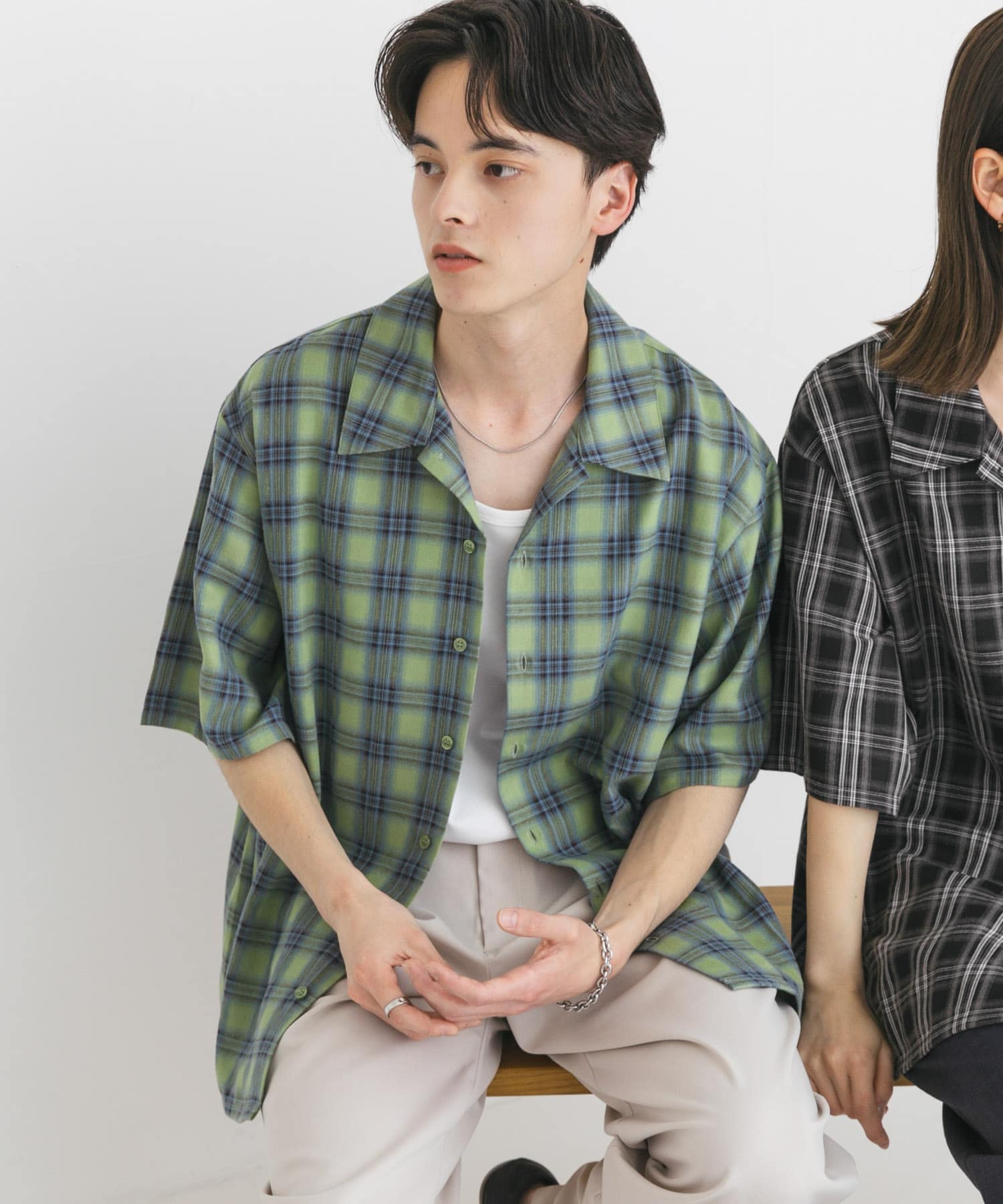 『ユニセックス』オンブレーチェックショートスリーブシャツ