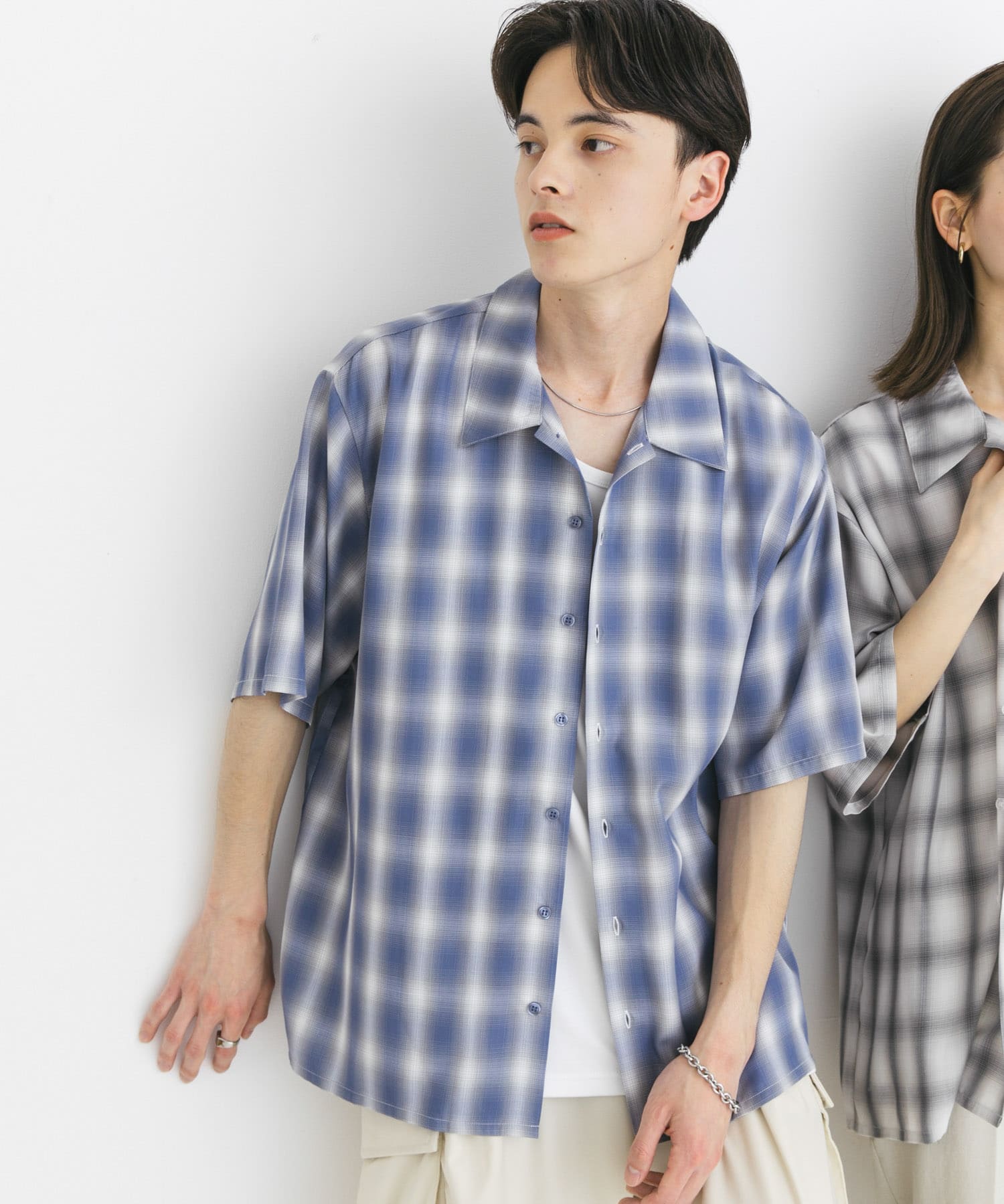 ユニセックス』オンブレーチェックショートスリーブシャツ(M BLUE