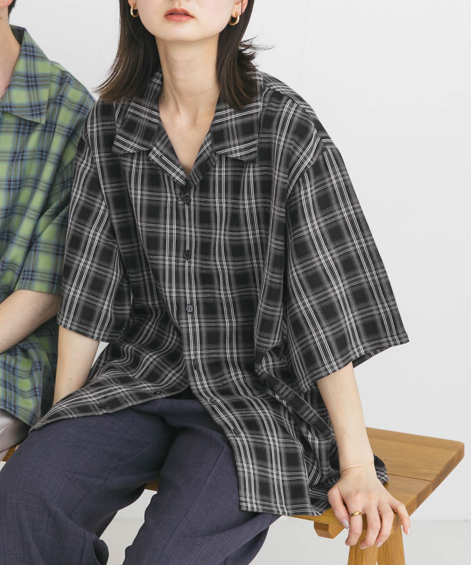 『ユニセックス』オンブレーチェックショートスリーブシャツ