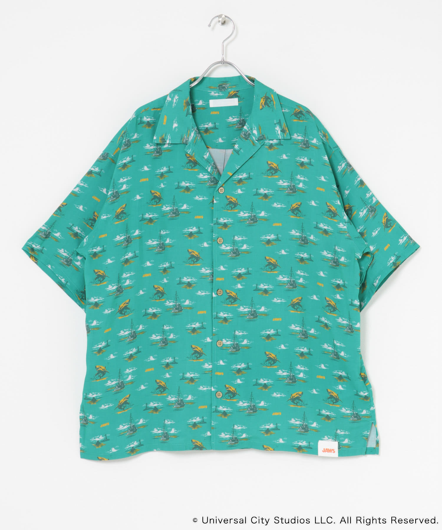 『別注』JAWS×SENSE OF PLACE　総柄オープンカラーシャツ GREEN M