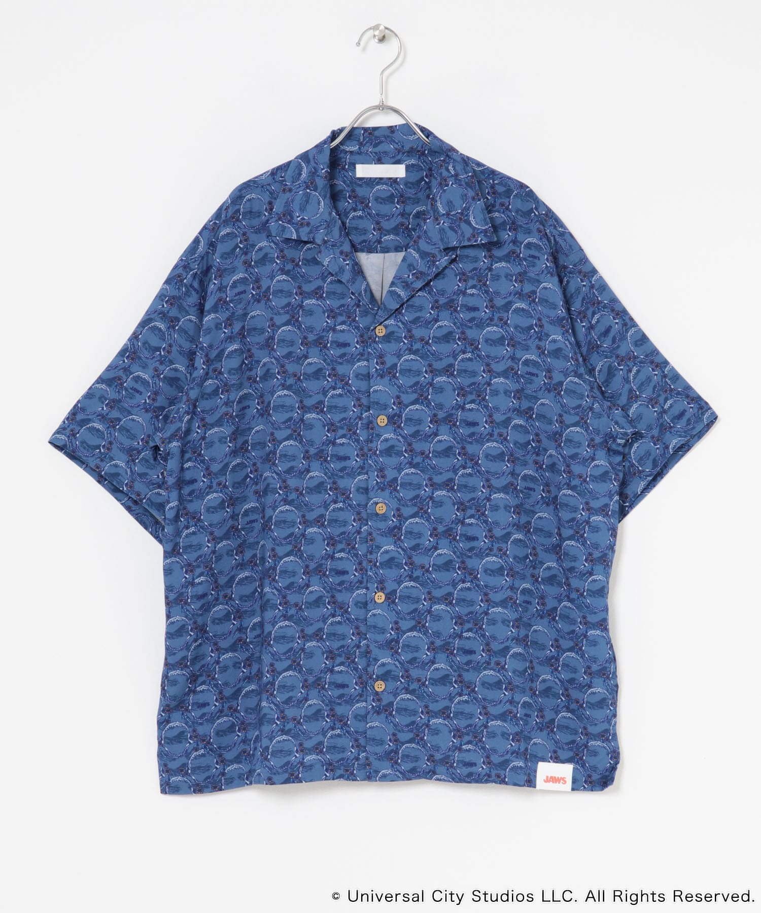 『別注』JAWS×SENSE OF PLACE　総柄オープンカラーシャツ BLUE M