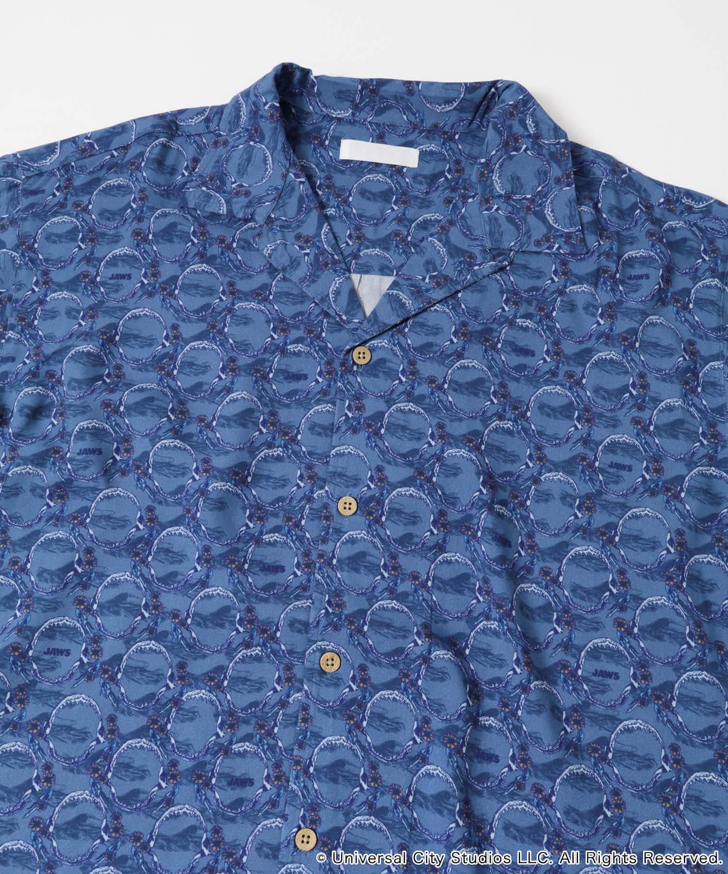 『別注』JAWS×SENSE OF PLACE　総柄オープンカラーシャツ BLUE M