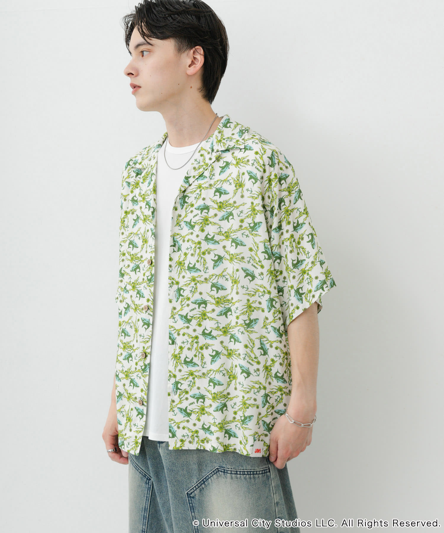 『別注』JAWS×SENSE OF PLACE　総柄オープンカラーシャツ