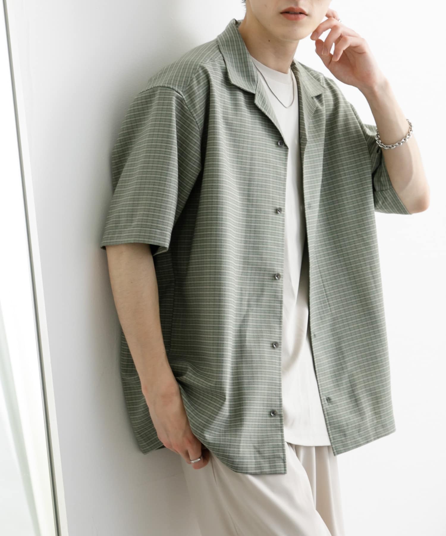 グレンチェックオープンカラーショートスリーブシャツ