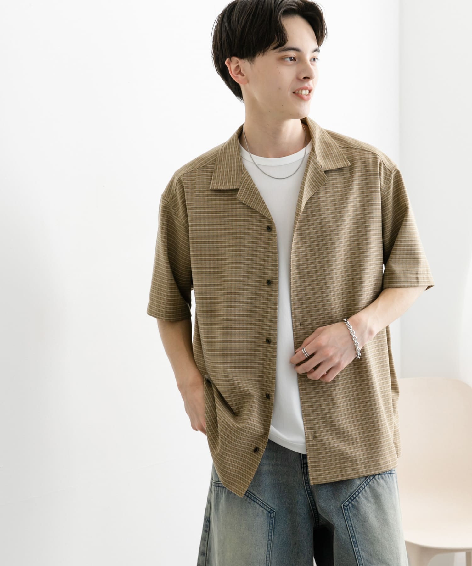 グレンチェックオープンカラーショートスリーブシャツ