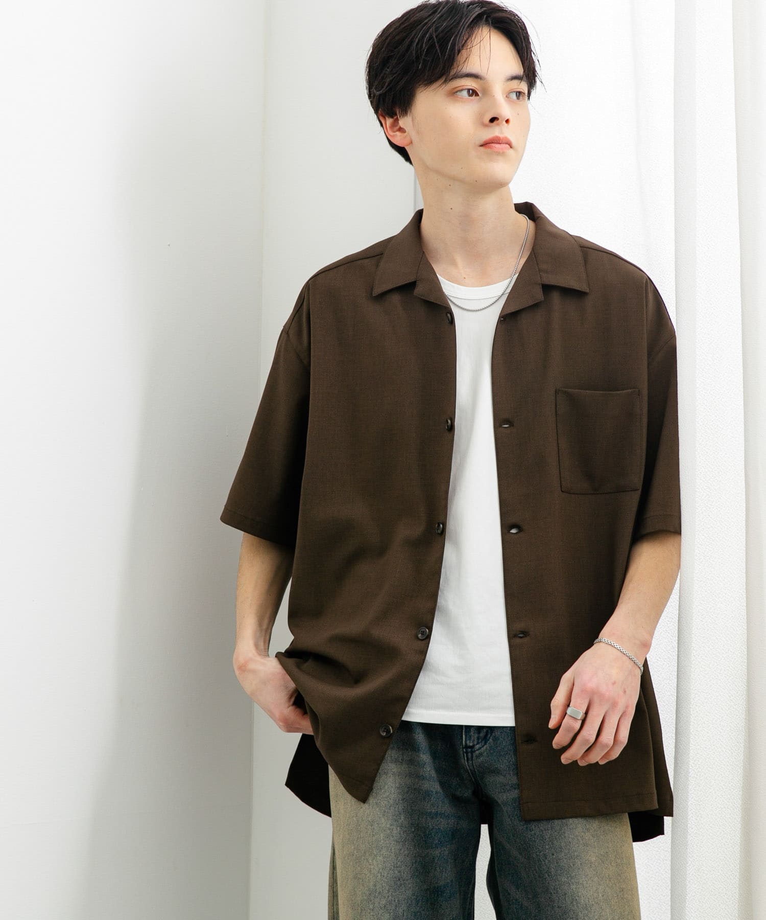 『ユニセックス』オープンカラールーズショートスリーブシャツ BROWN M
