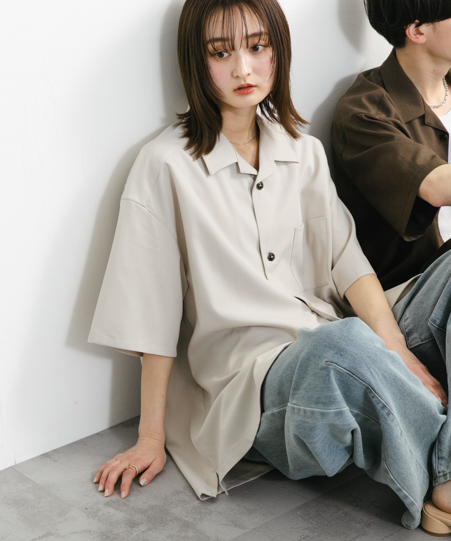 『ユニセックス』オープンカラールーズショートスリーブシャツ GREIGE S