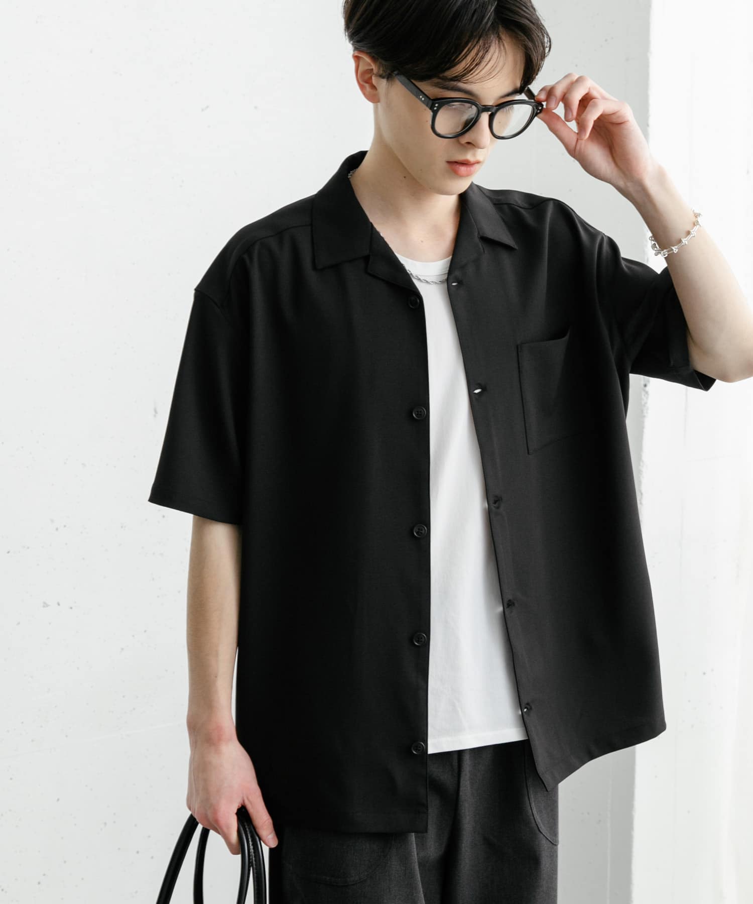 『ユニセックス』オープンカラールーズショートスリーブシャツ