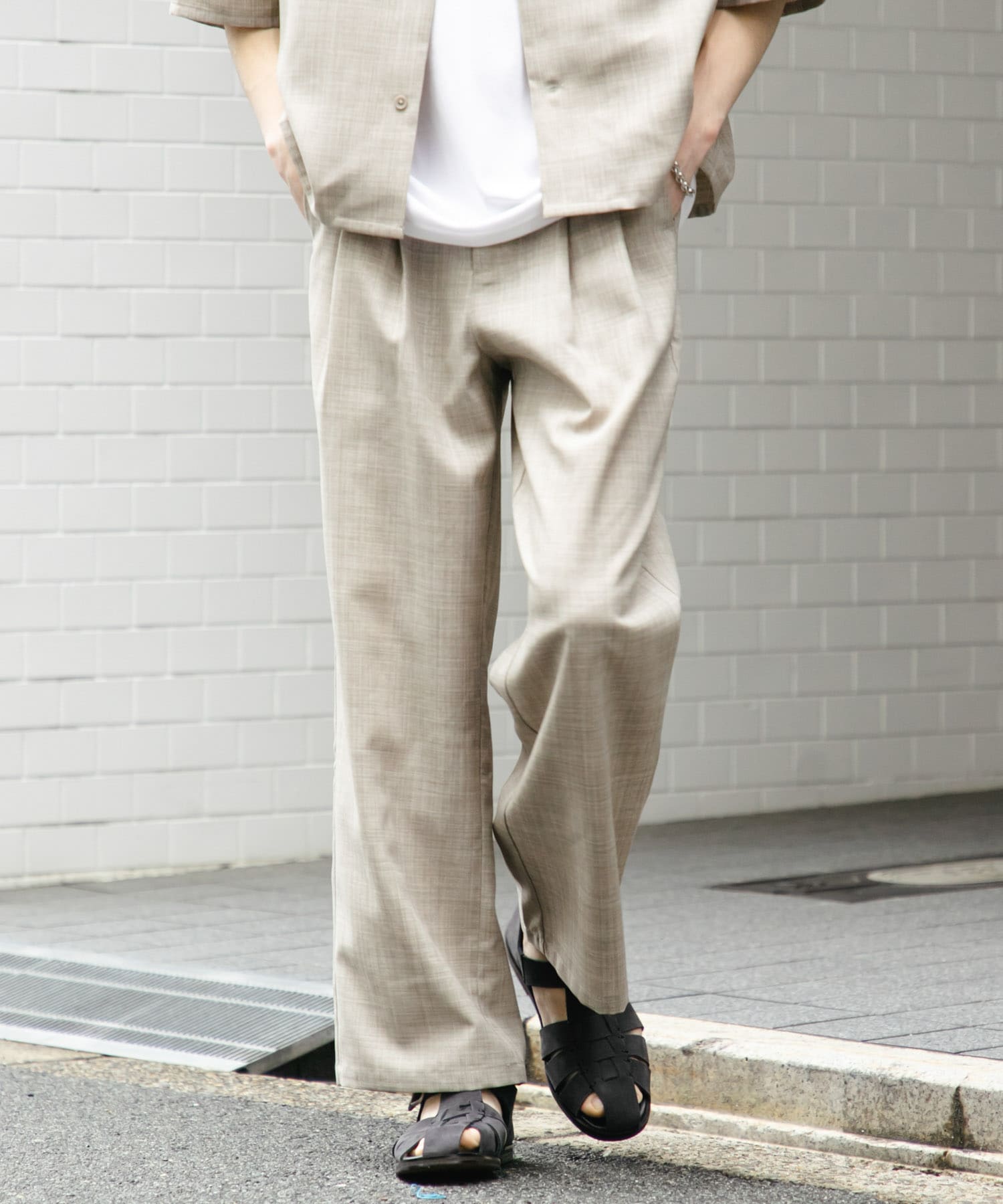 『セットアップ対応』『接触冷感/吸水速乾/イージーケア』リネンライクワイドスラックス