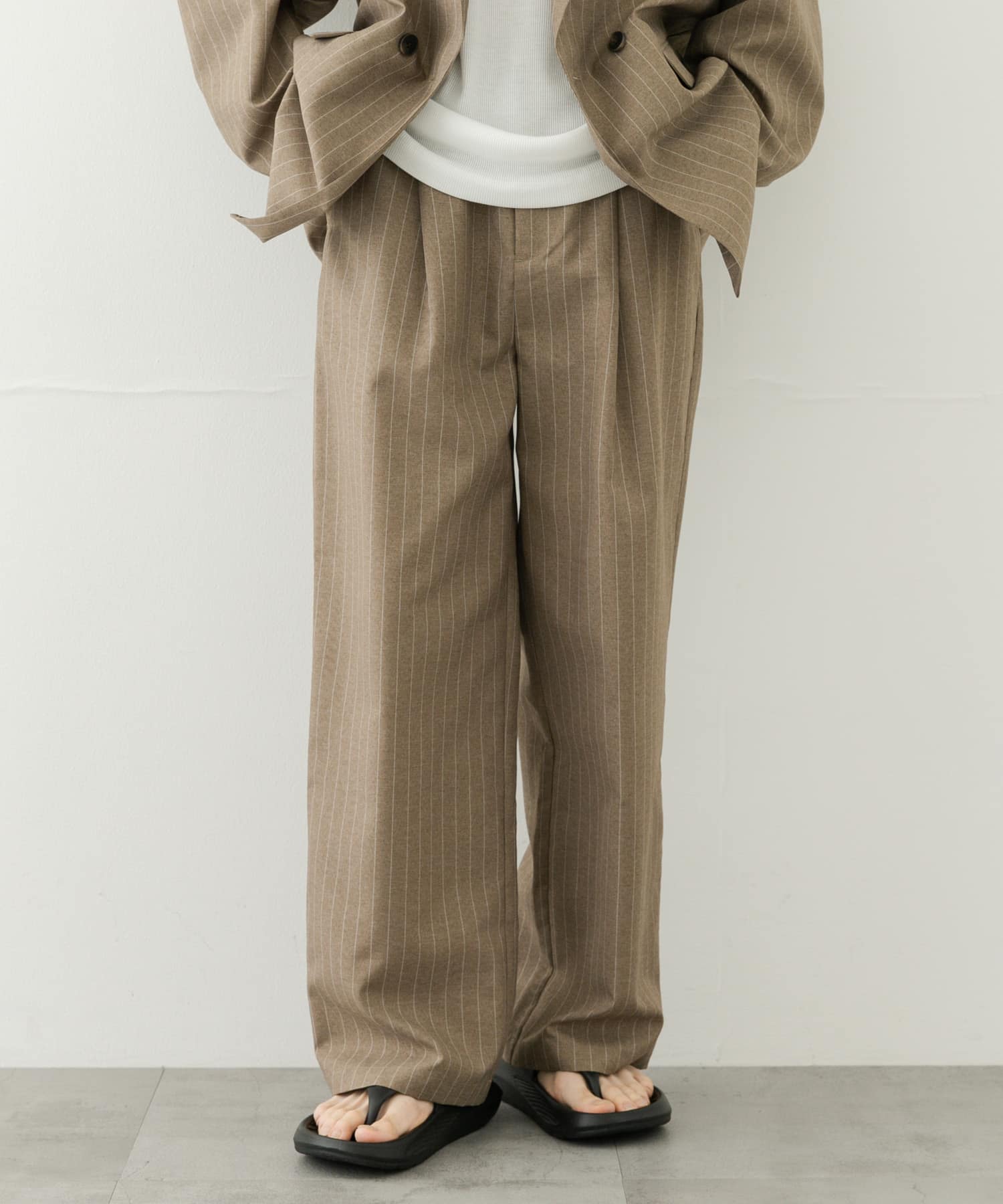 『セットアップ対応』『イージーケア/速乾』リネンライクピンストライプワイドスラックス