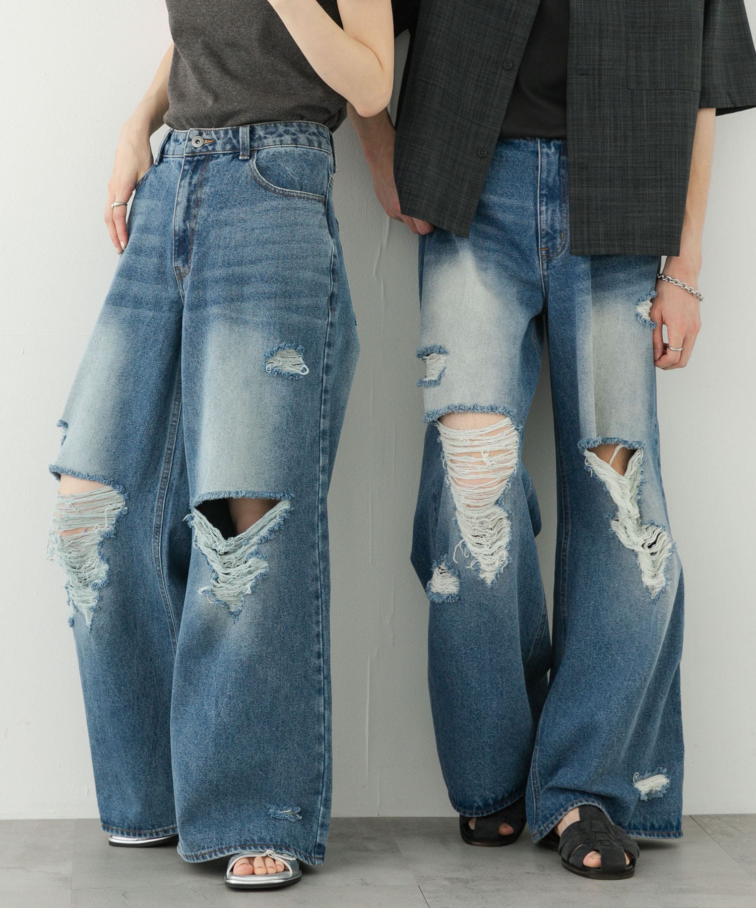 『ユニセックス』ダメージデニムワイドパンツ