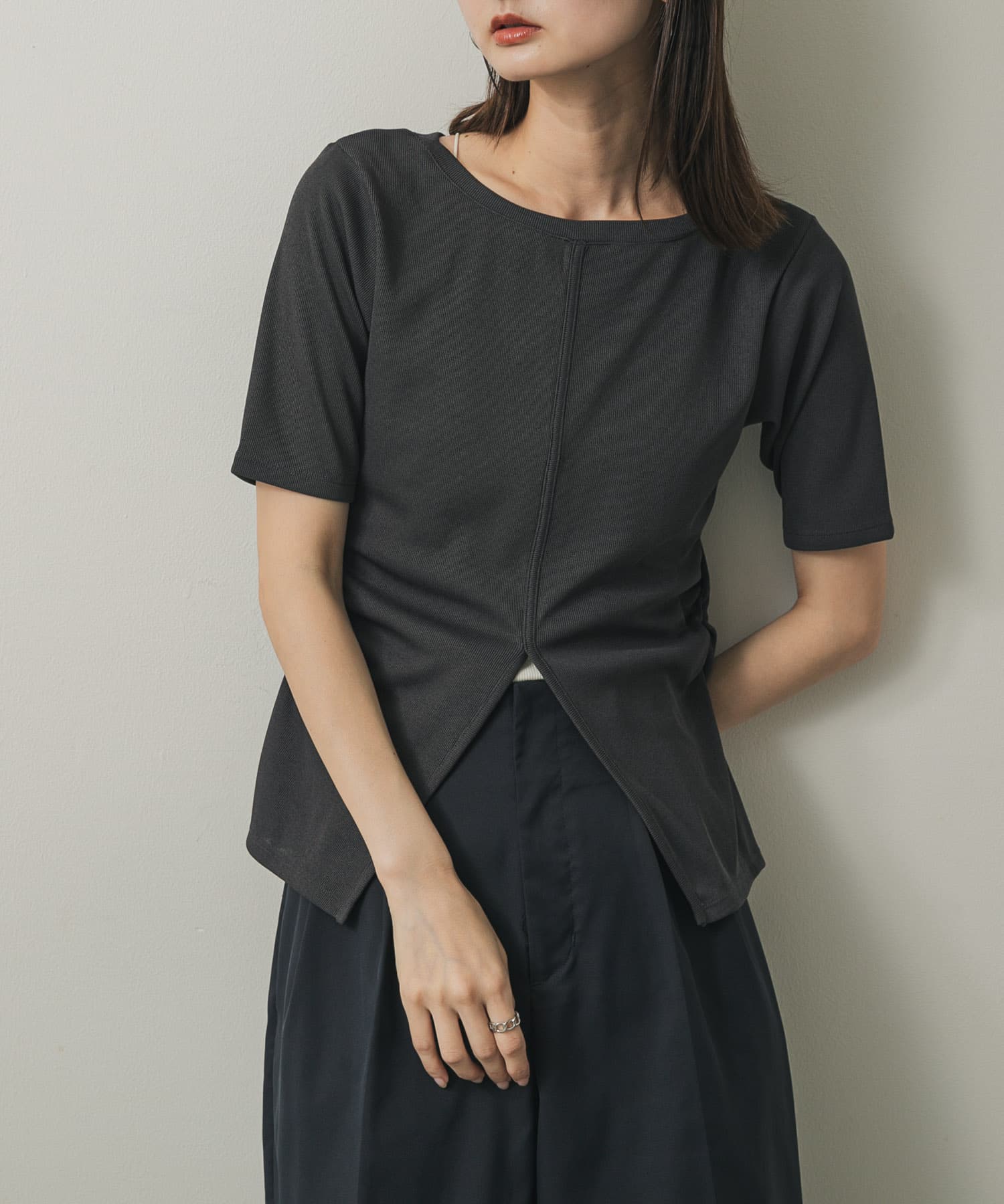 2WAYウエストギャザーリブトップ