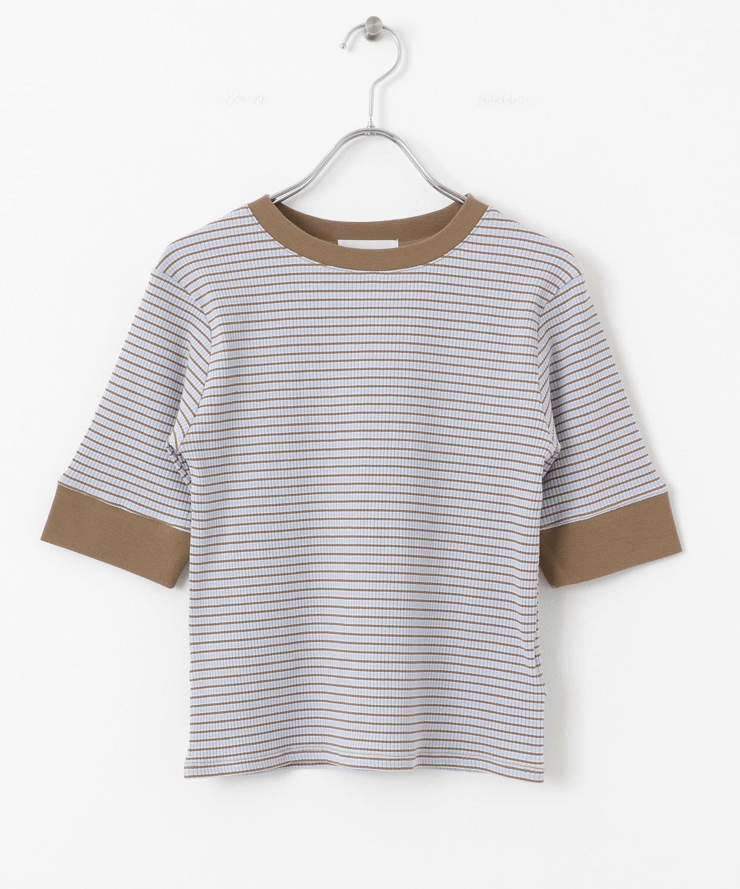 『一部WEB限定カラー』クルーネックリンガーボーダーTシャツ(5分袖) BLU×BRN one