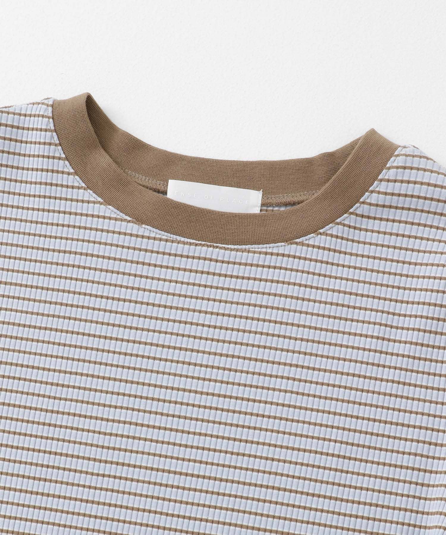 『一部WEB限定カラー』クルーネックリンガーボーダーTシャツ(5分袖) BLU×BRN one