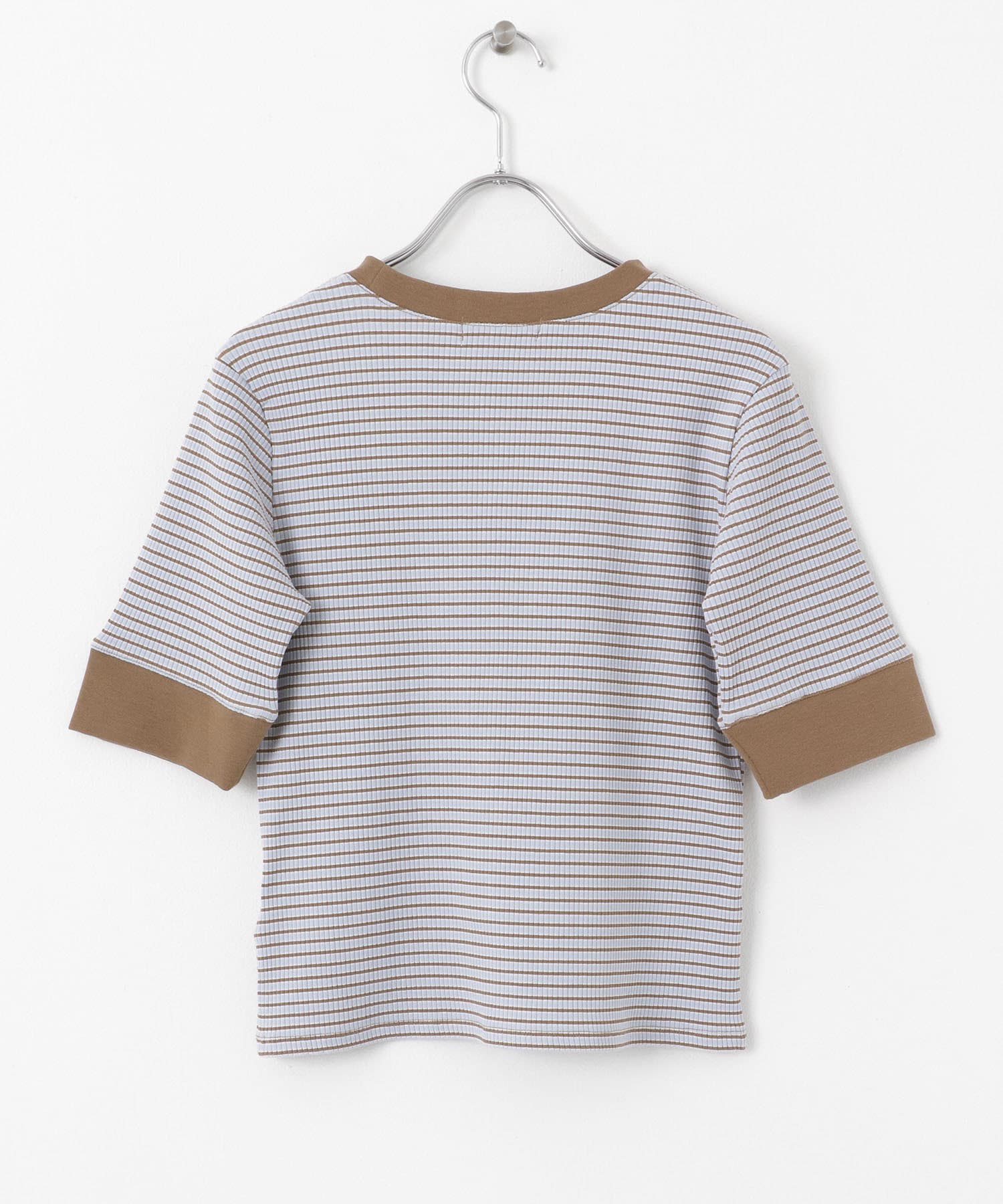 『一部WEB限定カラー』クルーネックリンガーボーダーTシャツ(5分袖) BLU×BRN one