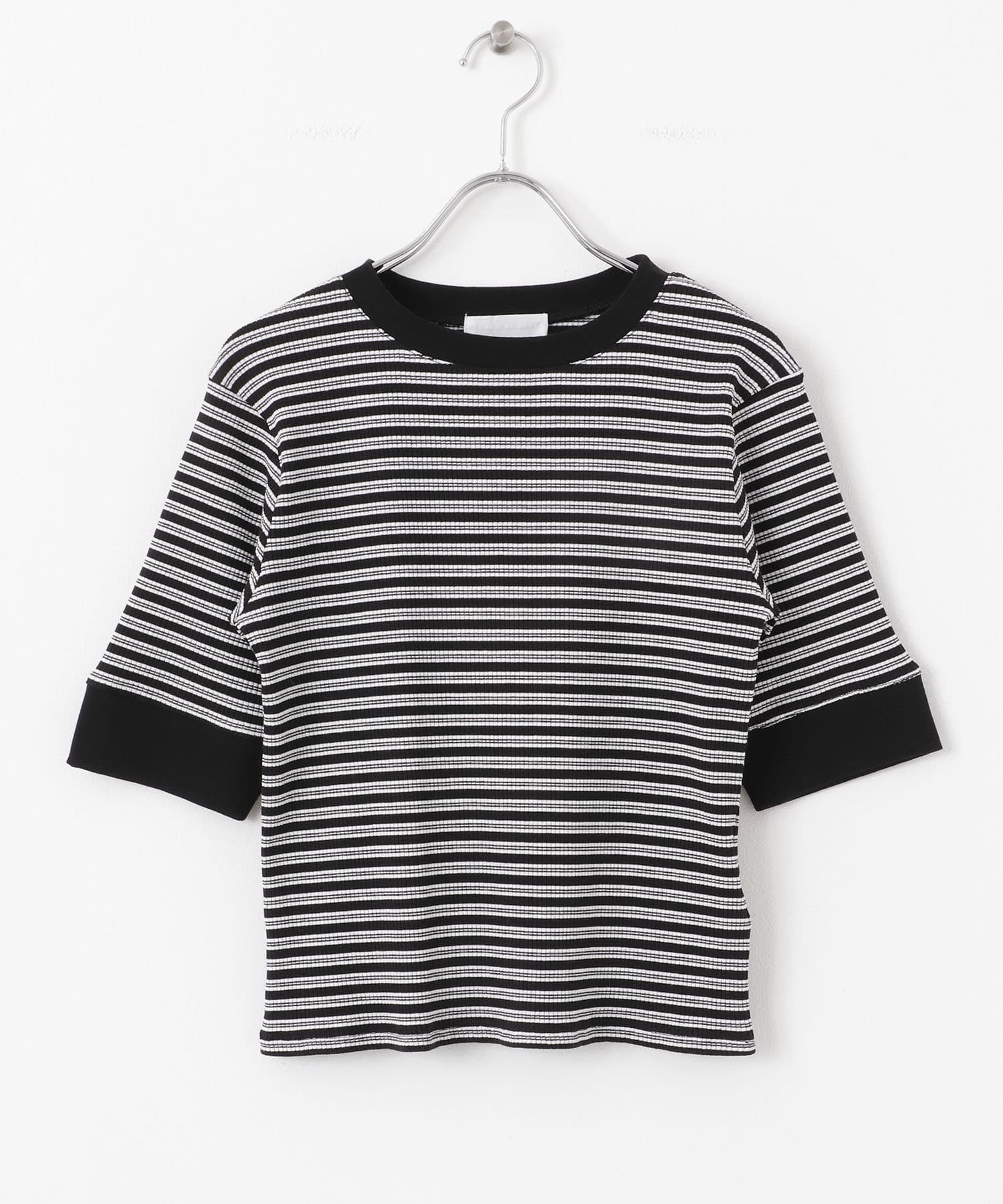『一部WEB限定カラー』クルーネックリンガーボーダーTシャツ(5分袖) BLK×WHT one