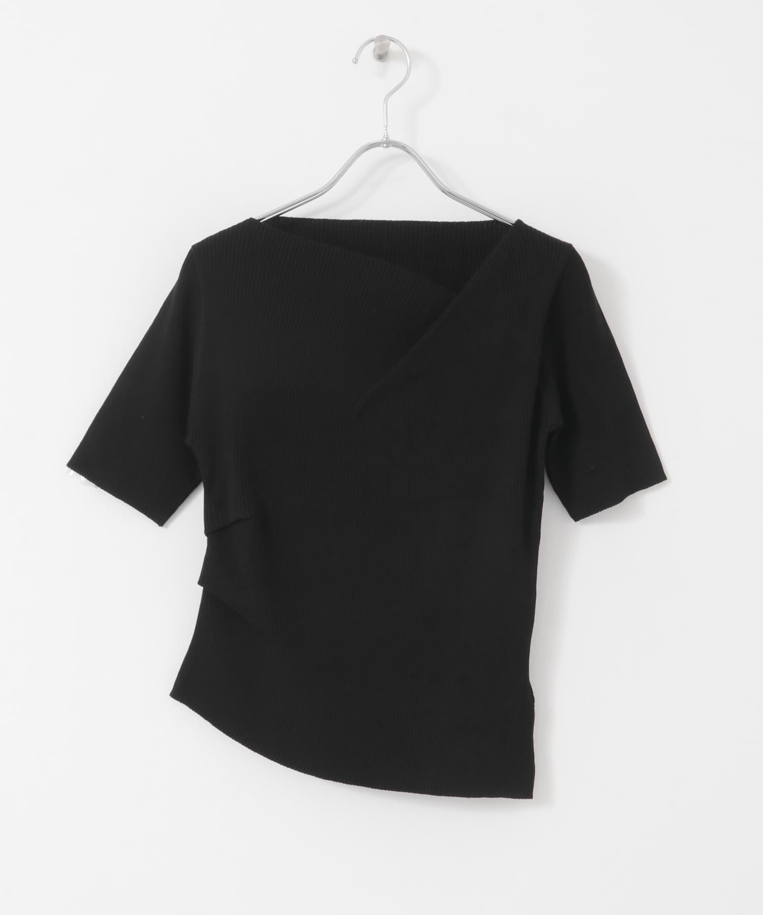 『一部WEB限定カラー』アシメネックハーフスリーブセーター BLACK one