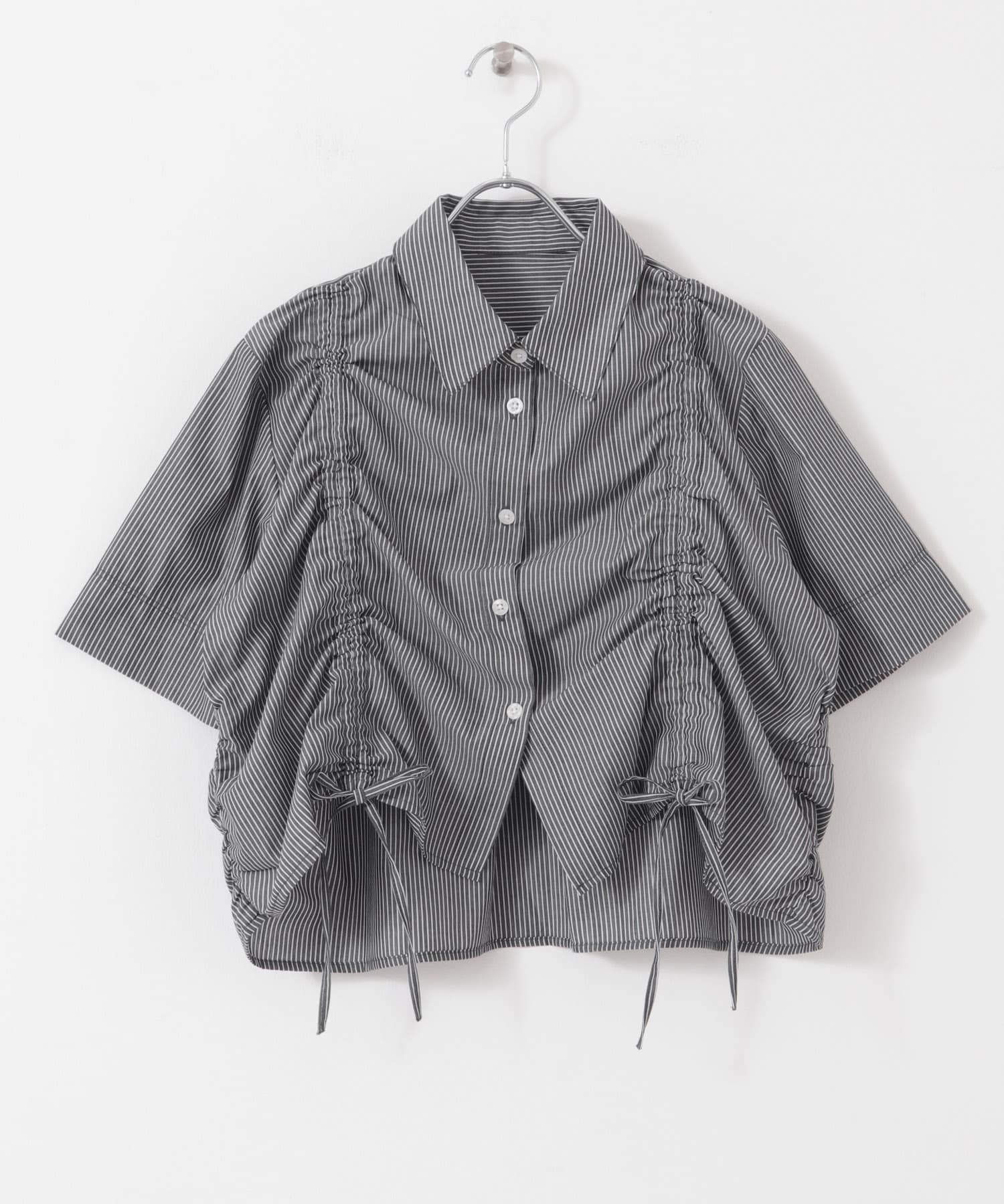 クロップドシャーリングシャツ(半袖) CHA×WHT one
