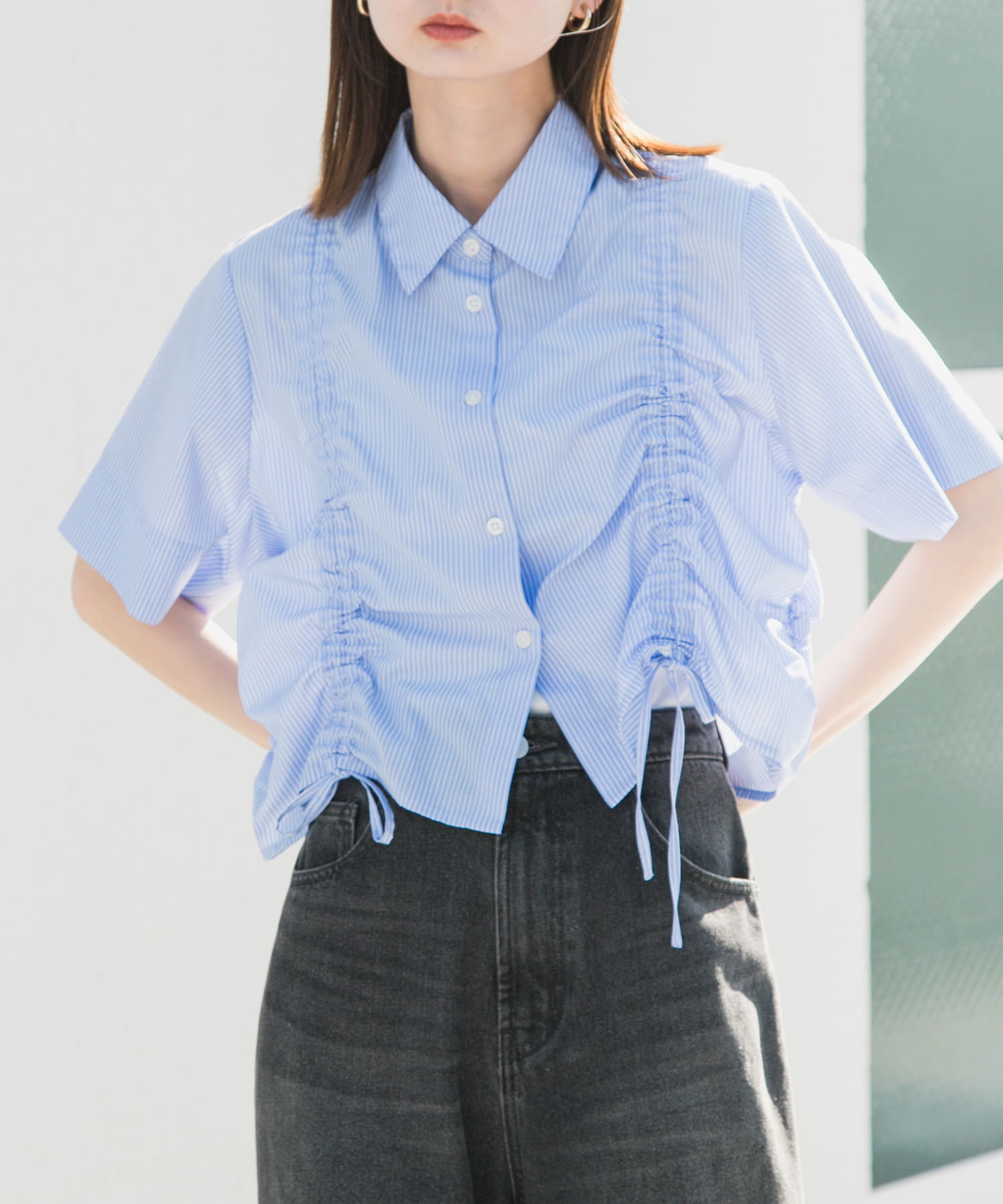 クロップドシャーリングシャツ(半袖)