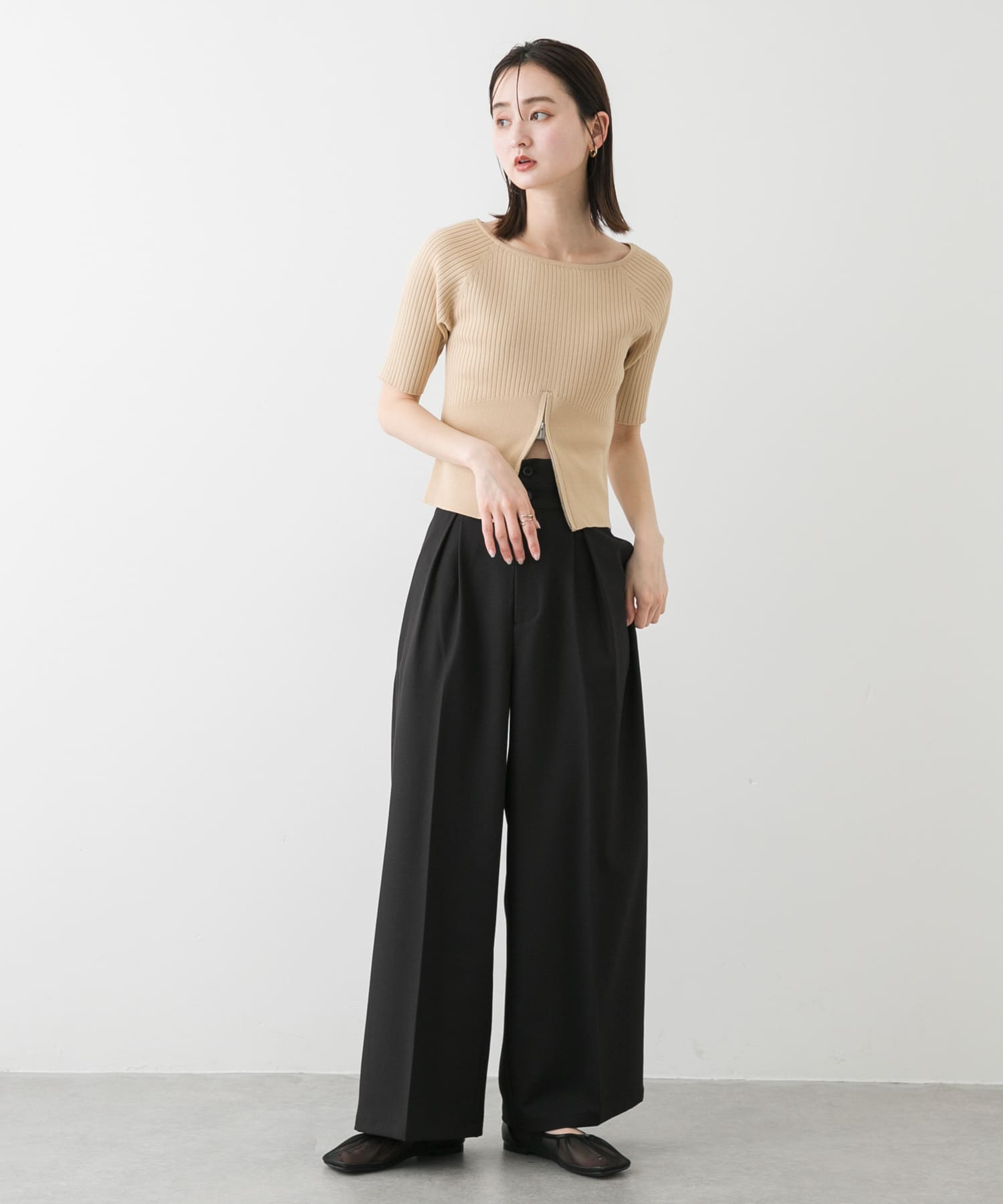 オブリークトゥメッシュフラットシューズ BEIGE S