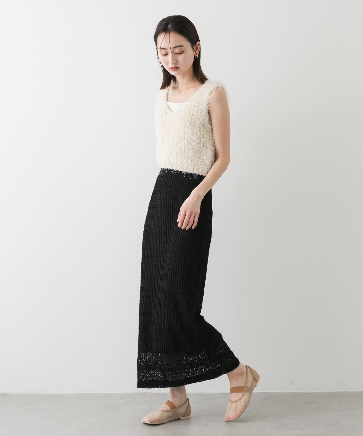 オブリークトゥメッシュフラットシューズ BEIGE S