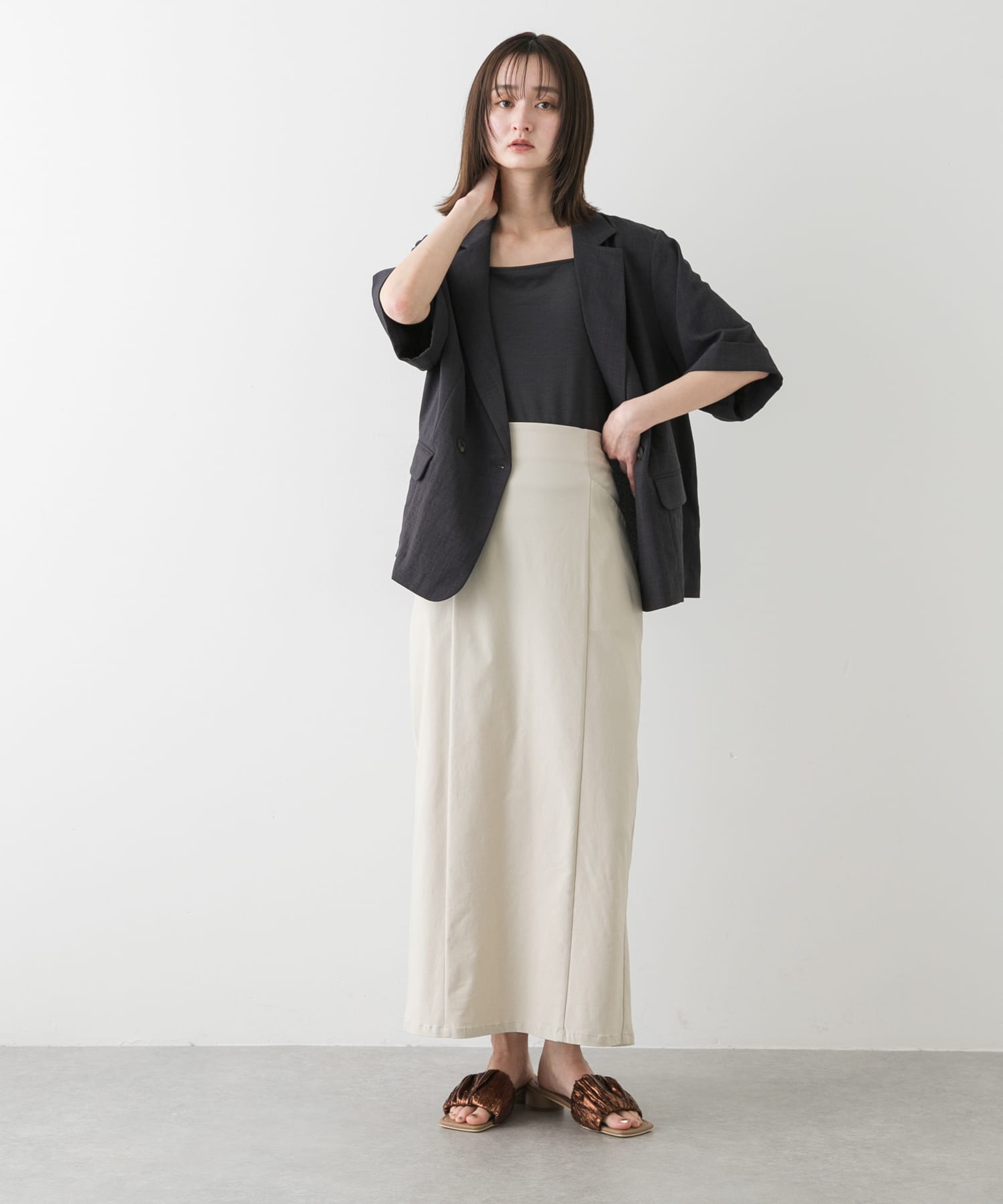 スクエアトゥメタリックギャザーサンダル BROWN S